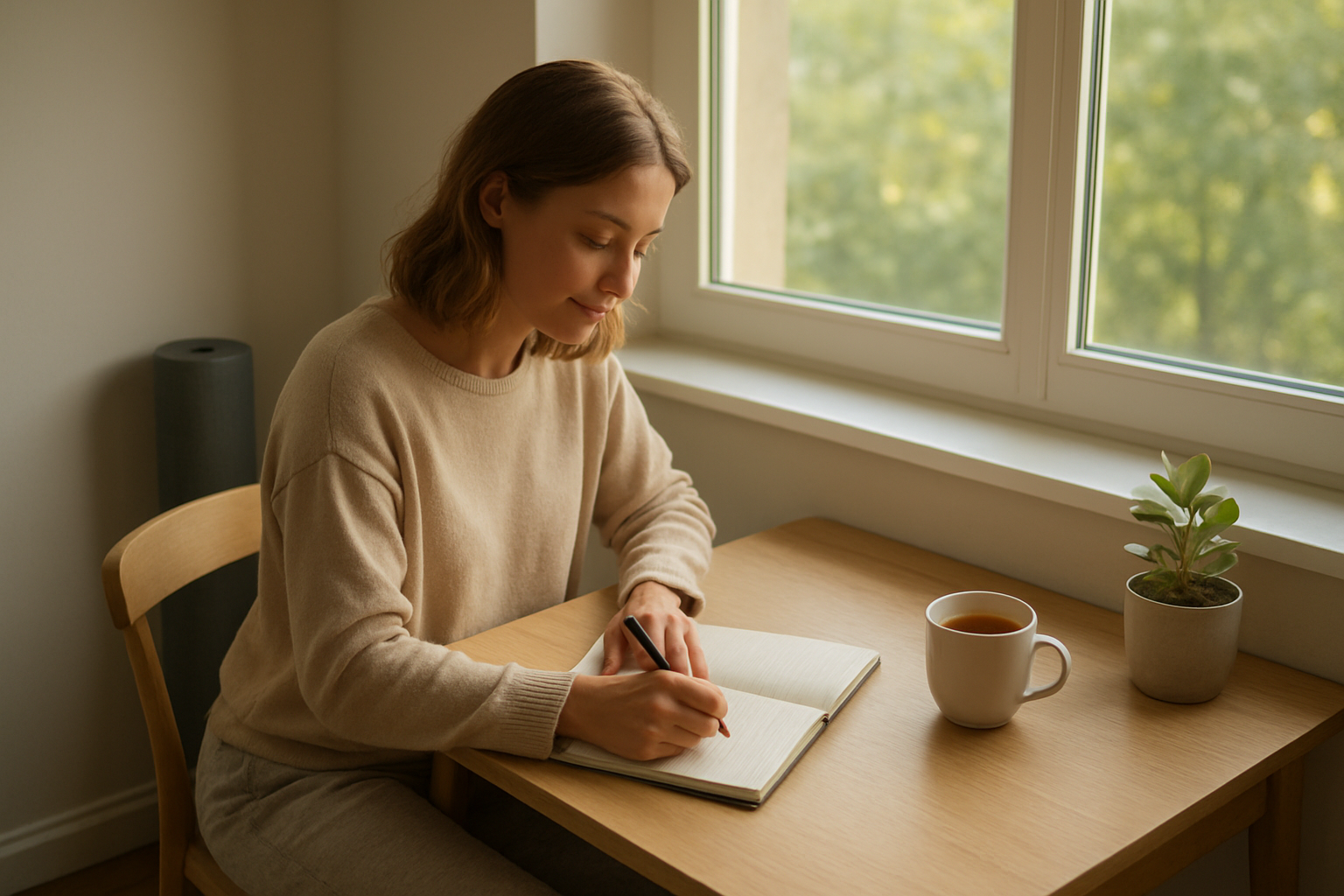 Create a realistic image of a peaceful morning scene showing a young white female in comfortable clothing sitting at a clean, organized desk by a large window, writing in a journal with a warm cup of tea nearby, surrounded by elements that suggest new healthy habits like a yoga mat rolled up in the corner, a small potted plant, and a minimalist calendar on the wall, with soft natural lighting streaming through the window creating a calm and rejuvenating atmosphere that represents personal growth and establishing healthy boundaries, absolutely NO text should be in the scene.