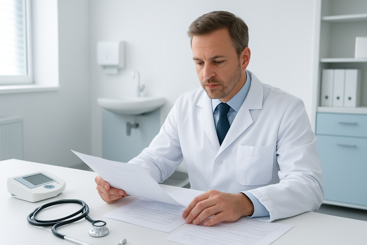 Create a realistic image of a clean, modern medical consultation room with a white male doctor in a white coat sitting at a desk reviewing medical documents and test results, with medical equipment like blood pressure monitor and stethoscope visible on the desk, bright clinical lighting, sterile white and light blue color scheme, professional healthcare atmosphere, absolutely NO text should be in the scene.