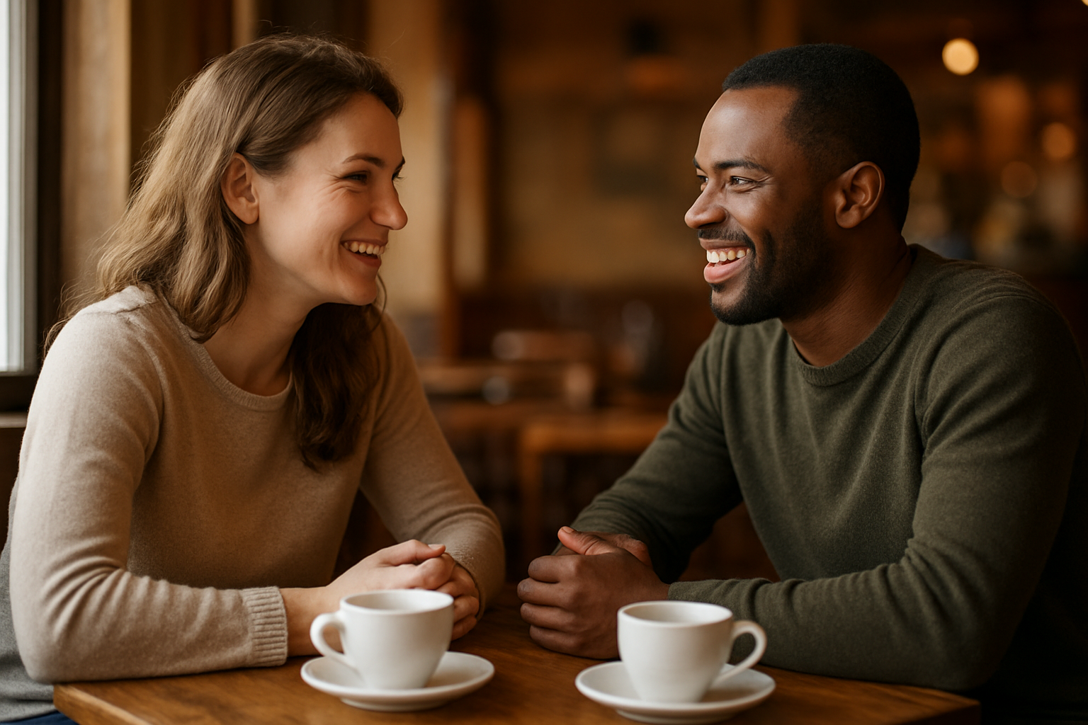 Create a realistic image of two people sitting across from each other at a small wooden table in a cozy café setting, one white female and one black male, both in their 30s, engaged in warm conversation with genuine smiles and leaning slightly forward showing active listening, with coffee cups between them, soft natural lighting streaming through a nearby window creating a welcoming atmosphere, background showing blurred café interior with warm earth tones, capturing the essence of meaningful human connection and relationship building through everyday interactions, absolutely NO text should be in the scene.