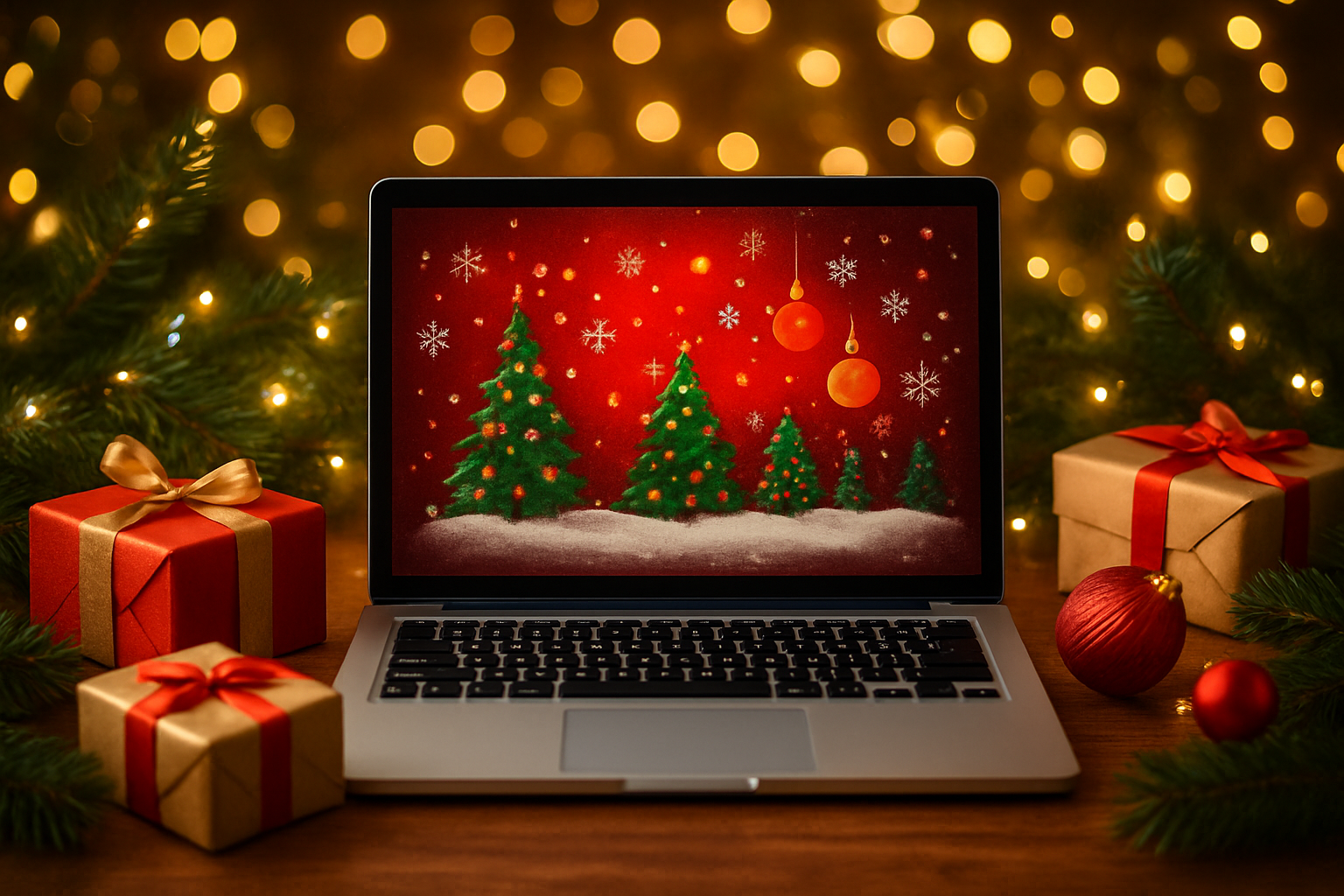 Create a realistic image of a cozy indoor scene featuring an open laptop computer displaying a vibrant digital Christmas greeting card on the screen with festive holiday elements like Christmas trees, ornaments, and snowflakes, surrounded by traditional Christmas decorations including wrapped gift boxes, twinkling fairy lights, pine branches, and colorful baubles on a wooden desk surface, with warm golden lighting creating a magical holiday atmosphere, and sparkling bokeh effects in the background suggesting the enchanting digital world of online Christmas cards, absolutely NO text should be in the scene.