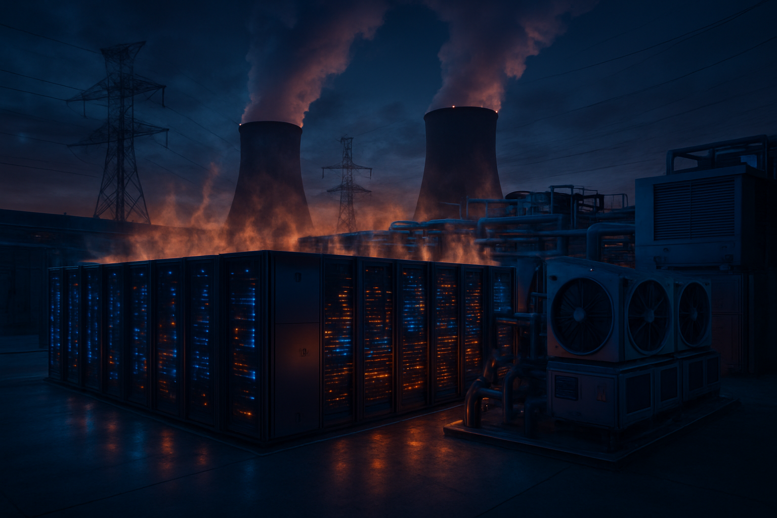 Create a realistic image of a large data center facility with rows of server racks emitting heat waves and glowing LED lights, surrounded by industrial cooling systems and ventilation units, with visible power transmission lines and cooling towers in the background releasing steam into a dusky sky, featuring warning signs about energy consumption, dramatic industrial lighting with blue and orange tones creating a contrast between technology and environmental concern, absolutely NO text should be in the scene.
