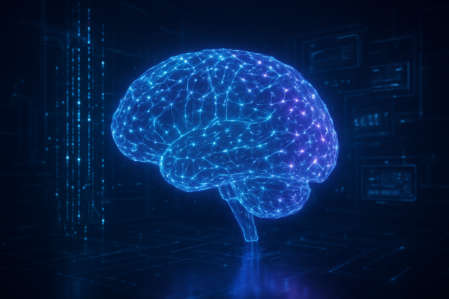 Create a realistic image of a futuristic digital brain made of glowing neural networks and circuits floating in a sleek technological environment, surrounded by holographic data streams and AI interface elements, with soft blue and purple lighting creating an innovative atmosphere, showcasing advanced artificial intelligence concepts through interconnected nodes and data pathways, set against a dark high-tech background with subtle geometric patterns, absolutely NO text should be in the scene.