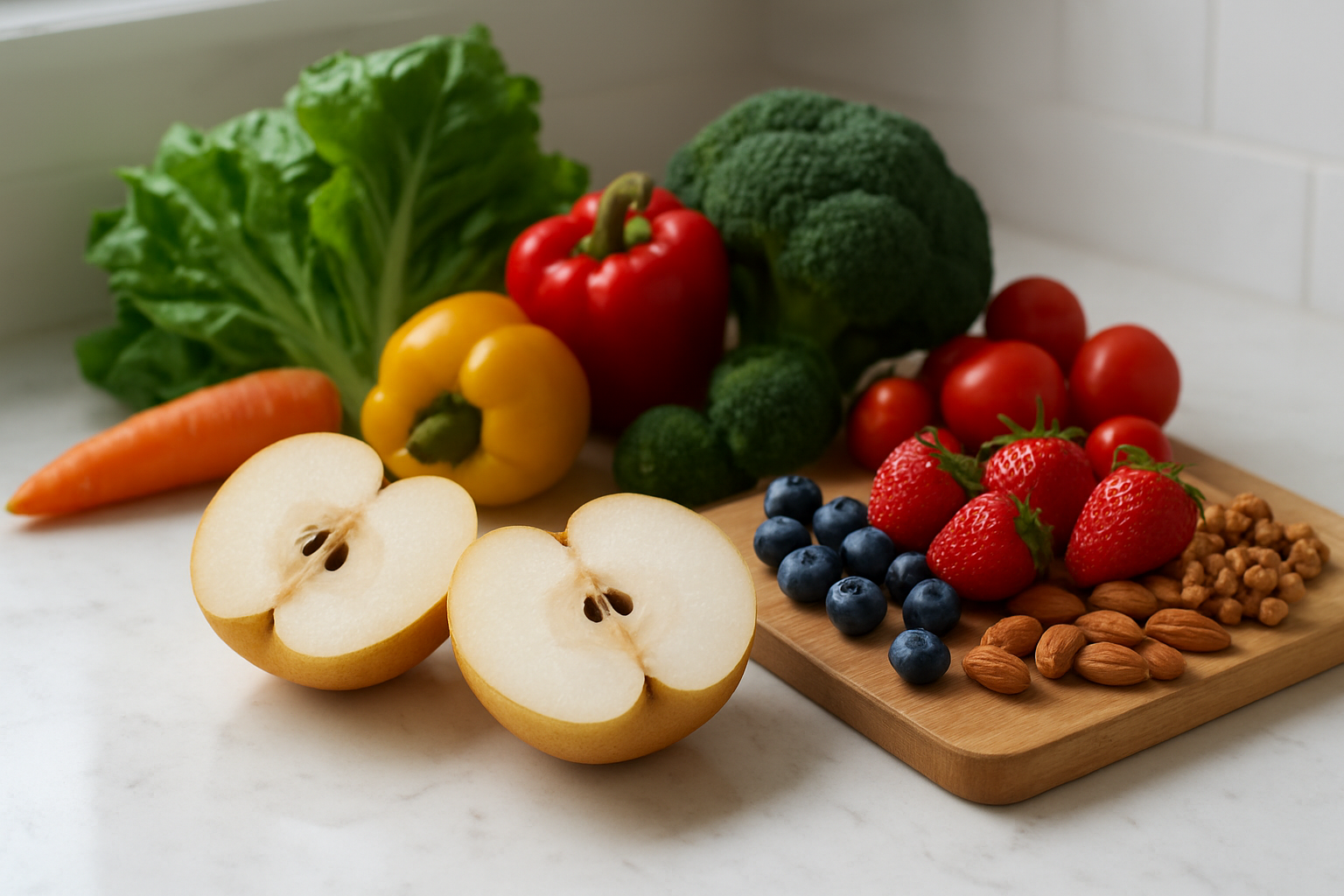 Create a realistic image of fresh nashi pears cut in half displaying their crisp white flesh alongside a wooden cutting board with colorful fresh fruits and vegetables including leafy greens, vibrant berries, and nuts arranged artistically around them, set on a clean white marble kitchen countertop with soft natural lighting streaming from a nearby window creating gentle shadows, emphasizing the healthy and nutritious qualities of the produce in a bright, wholesome atmosphere. Absolutely NO text should be in the scene.