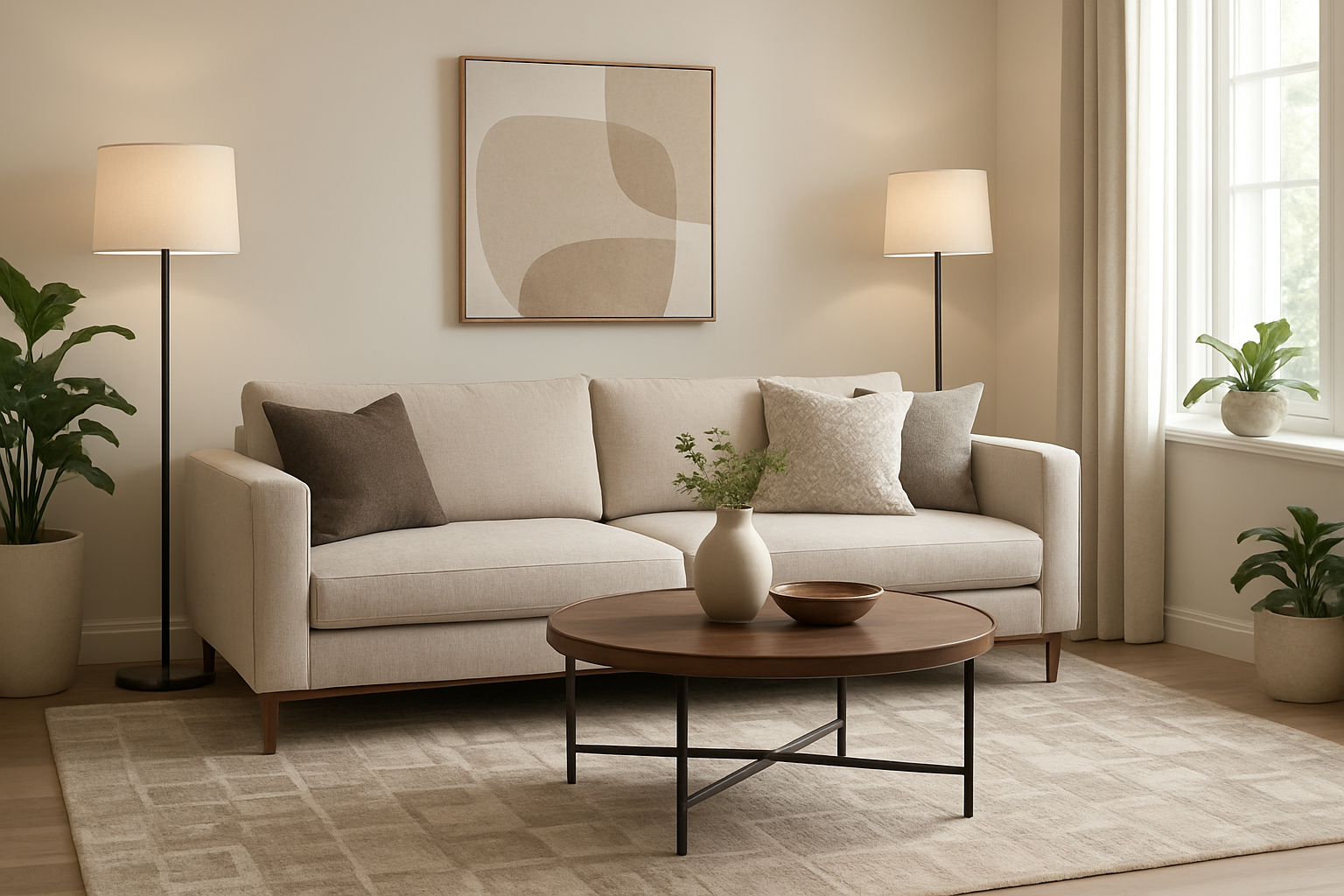 Create a realistic image of a modern living room interior featuring contemporary sofa furniture with stain-resistant upholstery in neutral tones, elegant coffee table, decorative cushions, stylish area rug, wall art, potted plants, ambient lighting from floor lamps and natural window light, warm and inviting atmosphere with coordinated color scheme showcasing latest 2025 furniture design trends, clean and organized space with sophisticated decor elements, absolutely NO text should be in the scene.
