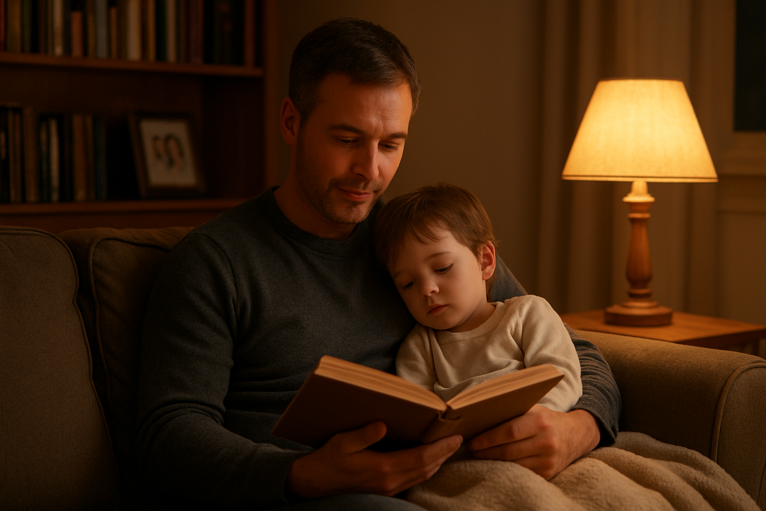 Create a realistic image of a middle-aged white male father sitting on a comfortable couch reading a bedtime story to his young child who is nestled safely beside him, warm living room setting with soft lamplight creating a cozy atmosphere, bookshelf and family photos visible in the background, peaceful evening mood conveying security and trust, father's gentle expression showing attentiveness and care, absolutely NO text should be in the scene.