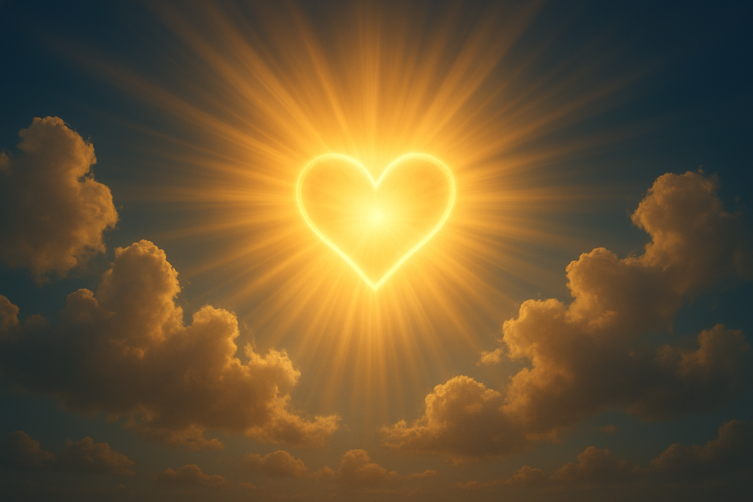 Create a realistic image of a brilliant golden light radiating outward in gentle, warm rays against a deep blue sky, with the light forming the shape of an open heart at its center, surrounded by soft white clouds that seem to glow from the divine illumination, creating a sense of overwhelming love and spiritual revelation, with the scene conveying peace, wonder, and the transformative power of understanding God's nature, shot with warm lighting that emphasizes the golden tones and creates a heavenly atmosphere. Absolutely NO text should be in the scene.