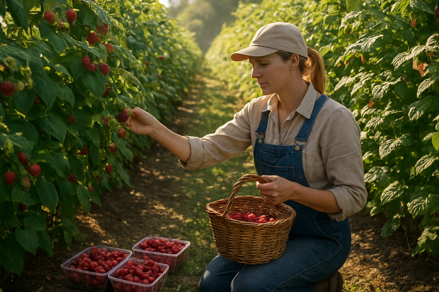Create a realistic image of a raspberry farm during harvest season showing rows of raspberry bushes with ripe red and some unripe green raspberries hanging from the canes, a white female farmer in work clothes carefully picking raspberries into a wicker basket, morning sunlight filtering through the plantation creating dappled shadows on the ground, with some harvested raspberry containers visible nearby and lush green foliage surrounding the berry bushes. Absolutely NO text should be in the scene.