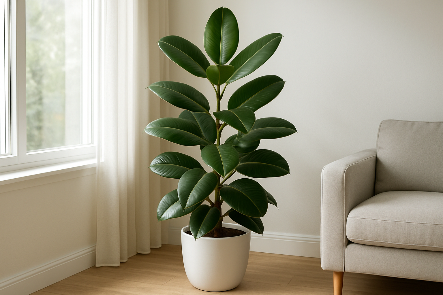 Create a realistic image of a large, healthy rubber plant (Ficus elastica) with glossy, dark green oval leaves positioned prominently in a bright, modern living room corner near a large window with natural sunlight streaming in, showing the plant's impressive height and full foliage, with subtle visual elements suggesting air purification like clean, bright atmosphere and pristine indoor environment, featuring a clean white or light-colored wall background and contemporary home decor elements like a minimalist plant pot and wooden flooring, captured with soft, natural lighting that highlights the plant's waxy leaf texture and vibrant green color, absolutely NO text should be in the scene.