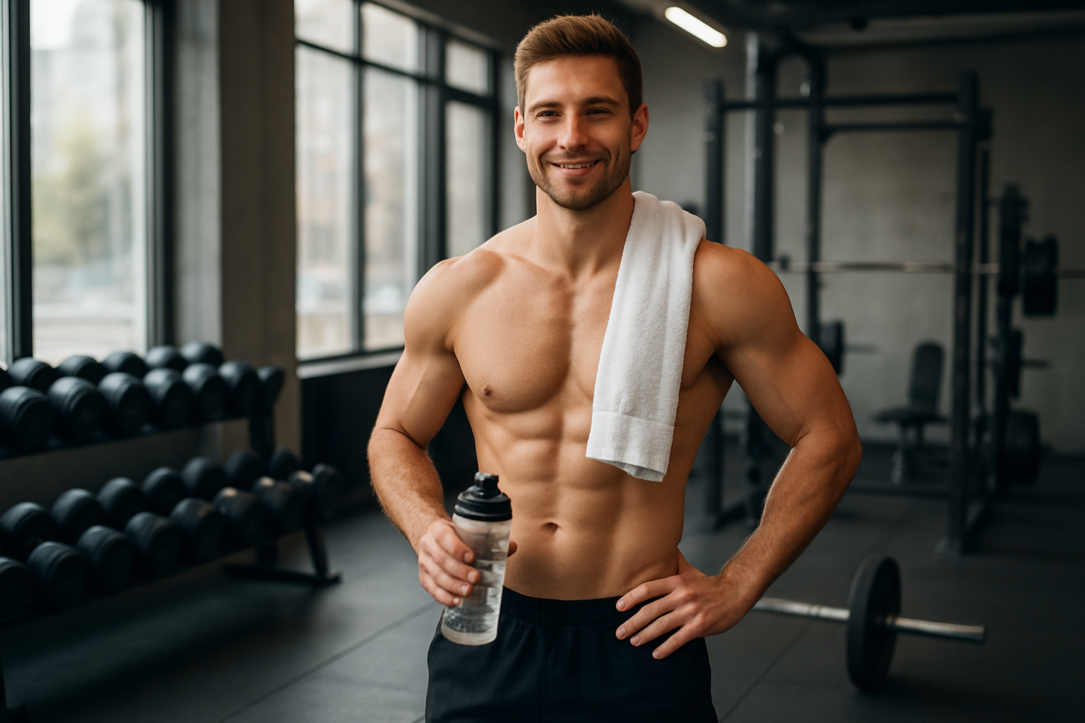 Create a realistic image of a fit white male in his late twenties standing confidently in a modern gym environment, displaying visible muscle definition while holding a water bottle and towel, surrounded by well-organized strength training equipment including dumbbells, barbells, and a squat rack, with soft natural lighting streaming through large windows creating a positive and motivational atmosphere, emphasizing the successful completion of a safe muscle-building journey through proper training, nutrition, and recovery practices, absolutely NO text should be in the scene.