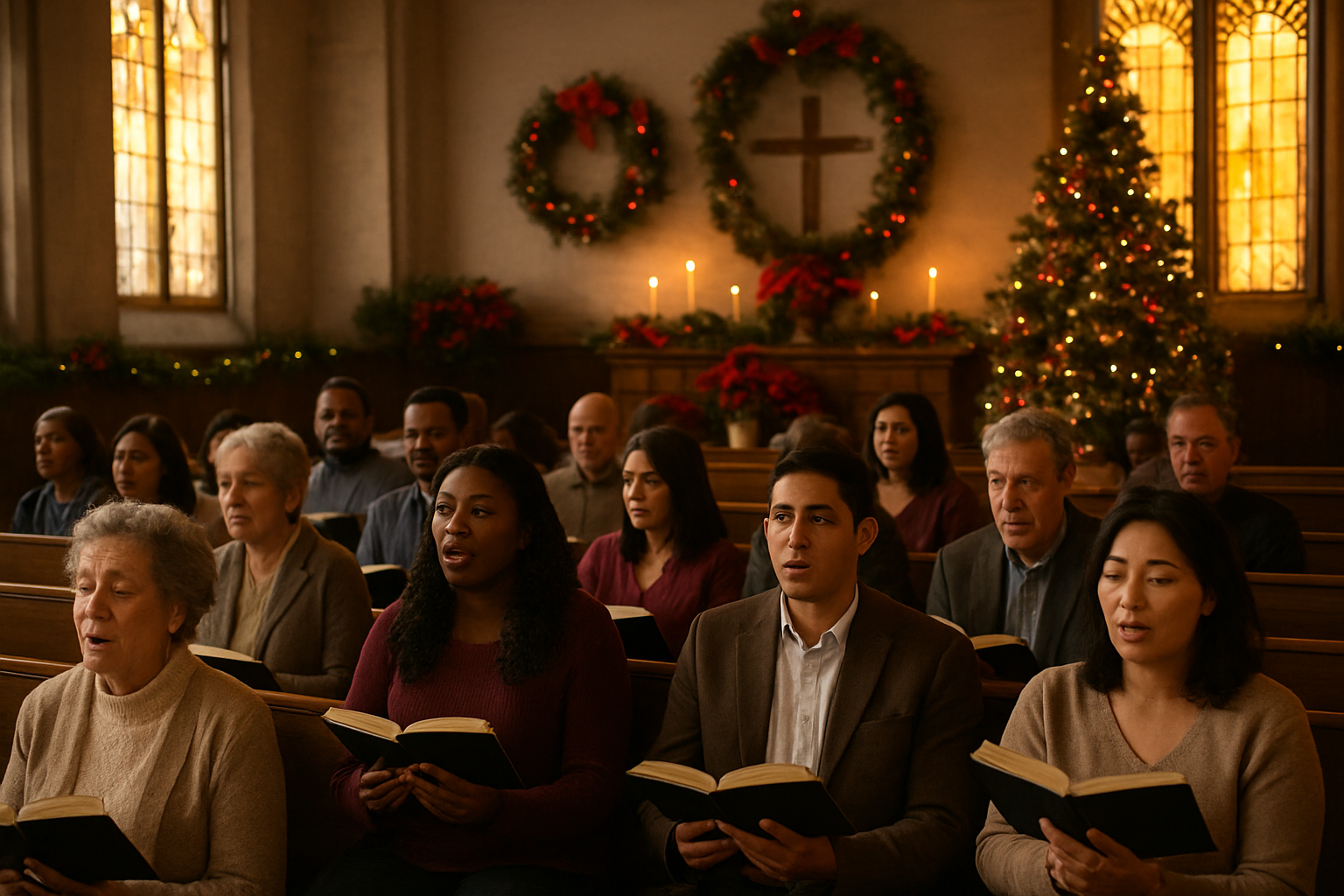 Create a realistic image of a diverse congregation gathered in a church sanctuary during a Christmas worship service, featuring white, black, Hispanic, and Asian men and women of various ages sitting in wooden pews, with a decorated altar area displaying poinsettias, Christmas wreaths, and candles, warm golden lighting streaming through stained glass windows, people holding hymnals and appearing engaged in worship, with a Christmas tree visible near the altar and seasonal garland decorating the church interior, creating a peaceful and unified atmosphere of celebration and reverence, absolutely NO text should be in the scene.