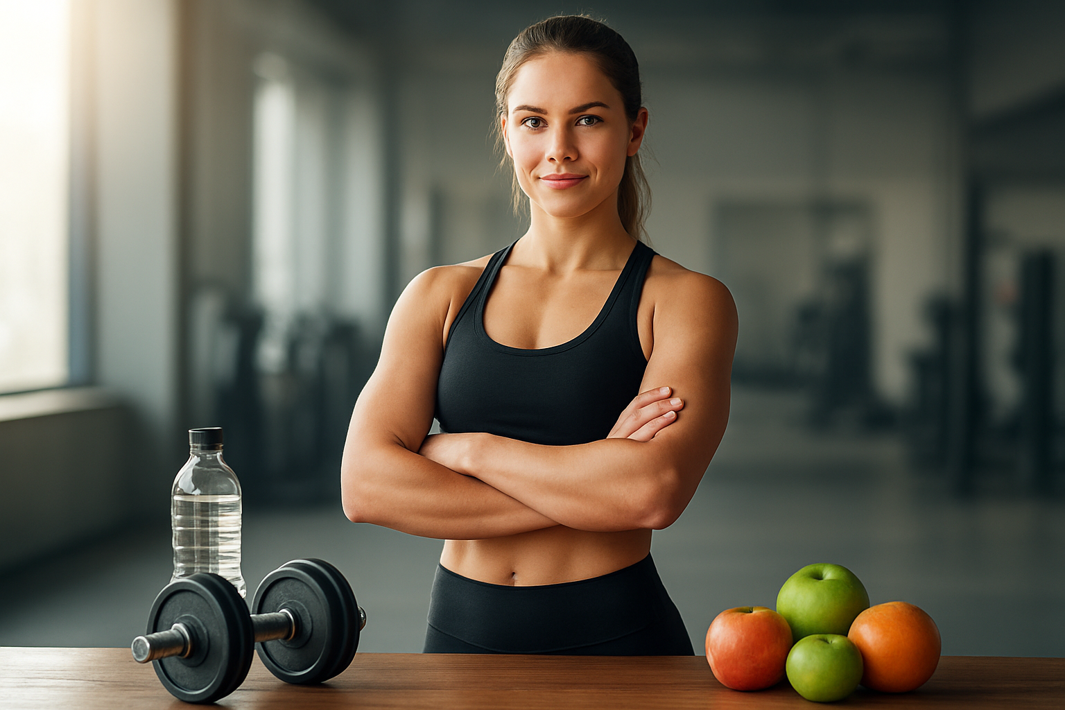 Create a realistic image of a fit white female athlete in workout attire standing confidently with arms crossed, surrounded by subtle fitness elements including dumbbells, a water bottle, and fresh fruits on a wooden surface, with a clean modern gym environment softly blurred in the background, natural lighting streaming from the side creating a motivational and accomplished mood that represents the completion of a comprehensive fitness journey, absolutely NO text should be in the scene.