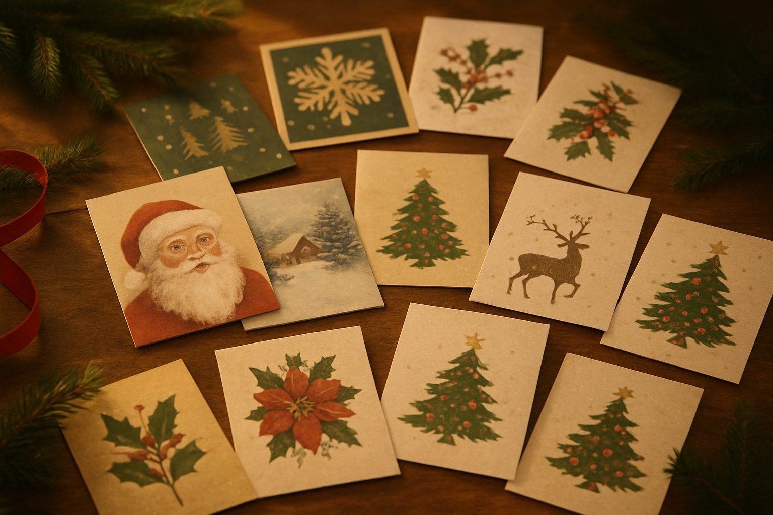 Create a realistic image of a beautifully arranged display of various Christmas greeting cards spread out on a wooden table, featuring different festive designs including Santa Claus, Christmas trees, snowflakes, reindeer, holly leaves, and winter landscapes, with warm golden lighting creating a cozy holiday atmosphere, some cards standing upright while others are laid flat to showcase the diverse collection, surrounded by subtle Christmas decorations like pine branches and red ribbons, shot from a slightly elevated angle to capture the full variety of the card collection, absolutely NO text should be in the scene.