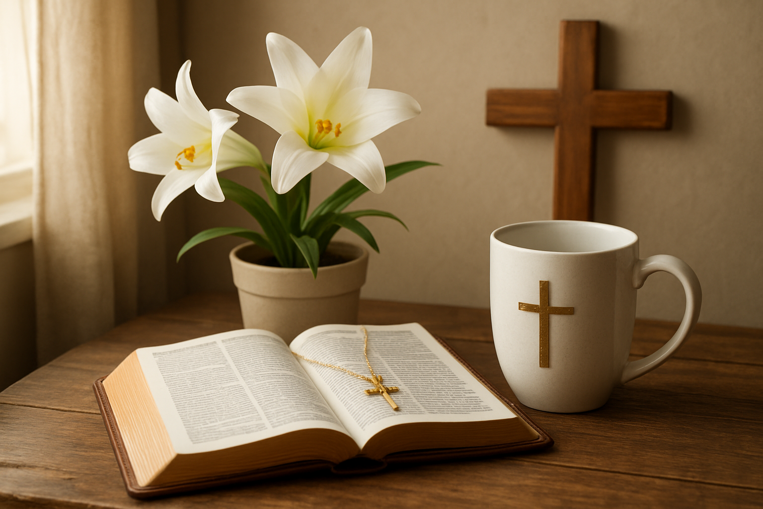 Create a realistic image of a beautifully arranged collection of Christian Easter gifts displayed on a rustic wooden table, including an open devotional book with a leather cover, a delicate gold cross necklace, a small potted Easter lily, a wooden cross wall decoration, and a inspirational coffee mug, all bathed in soft natural lighting from a nearby window, creating a warm and peaceful atmosphere that conveys spiritual reflection and celebration, absolutely NO text should be in the scene.