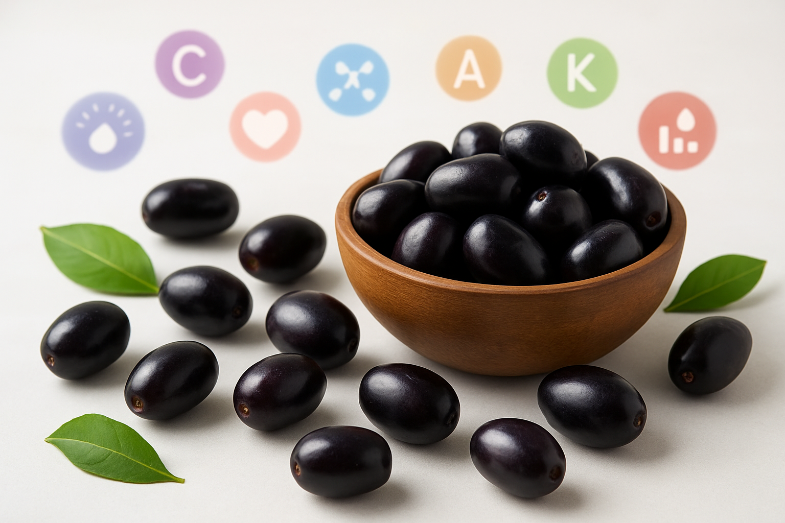 Create a realistic image of fresh purple-black jamun fruits scattered on a clean white surface alongside a wooden bowl filled with more jamun berries, with colorful nutritional infographic icons floating subtly in the background including vitamin symbols, antioxidant molecules, and health benefit indicators like a heart icon and blood sugar symbol, soft natural lighting illuminating the scene from above, creating gentle shadows, with some jamun leaves placed decoratively around the fruits, absolutely NO text should be in the scene.