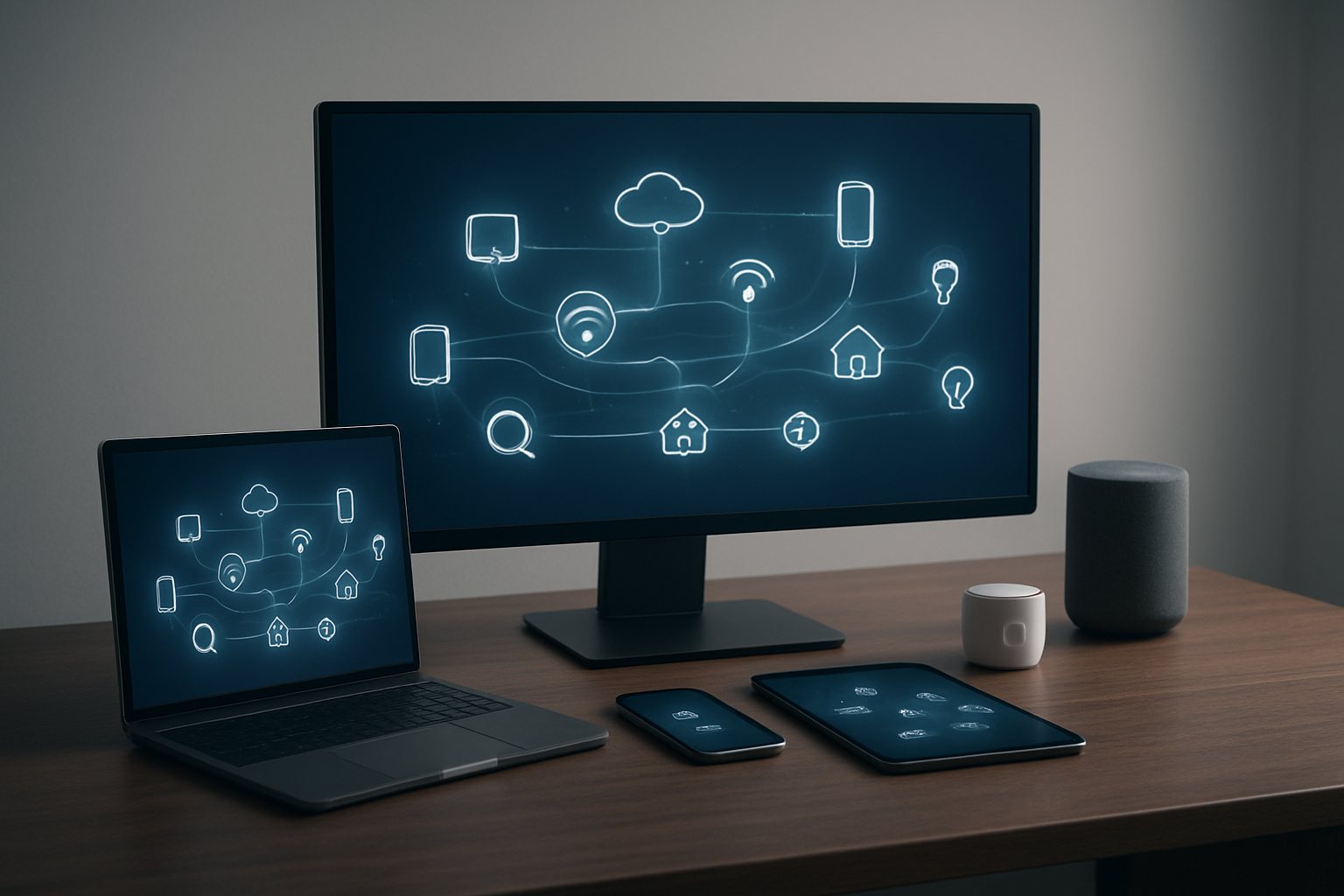 Create a realistic image of a modern desktop computer setup showing seamless connectivity between multiple devices and platforms, featuring a sleek monitor displaying interconnected icons and data flowing between a laptop, smartphone, tablet, and smart home devices, with subtle light trails or connection lines linking all devices together, set against a clean minimalist office background with soft ambient lighting, emphasizing the concept of unified digital ecosystem integration. Absolutely NO text should be in the scene.