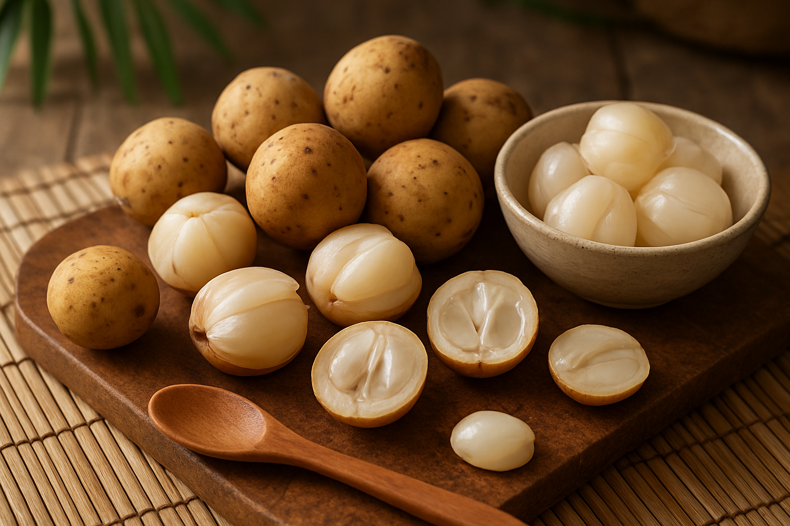 Create a realistic image of fresh langsat fruits arranged on a rustic wooden cutting board, with some fruits whole showing their thin brownish-yellow skin, others peeled to reveal translucent white flesh segments, and a few cut in half displaying the inner structure, accompanied by a small bowl of peeled langsat segments, a wooden spoon, and subtle tropical kitchen elements like bamboo placemats in soft natural lighting that emphasizes the fruit's delicate texture and appetizing appearance, absolutely NO text should be in the scene.