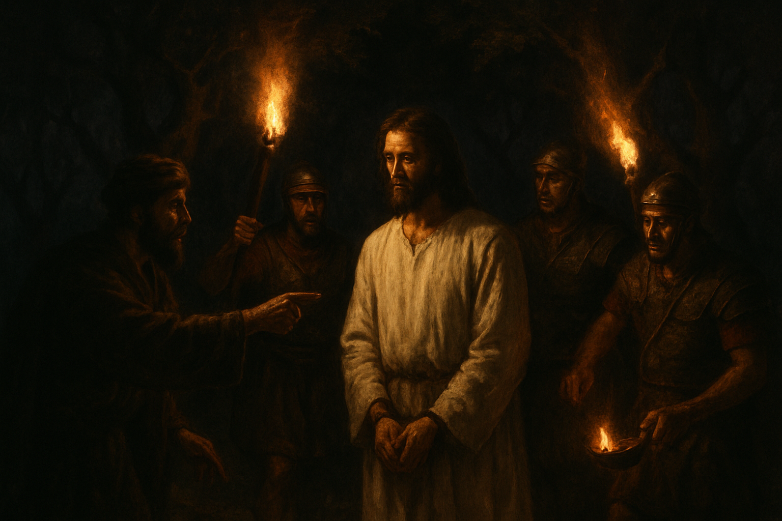 Create a realistic image of a nighttime scene in the Garden of Gethsemane showing a Middle Eastern male figure in white robes being approached by Roman soldiers carrying torches and oil lamps, with olive trees creating shadows in the background, another Middle Eastern male figure pointing or gesturing toward the robed figure, dramatic chiaroscuro lighting with warm torch light contrasting against the dark night, conveying a tense and somber atmosphere of betrayal and arrest, absolutely NO text should be in the scene.