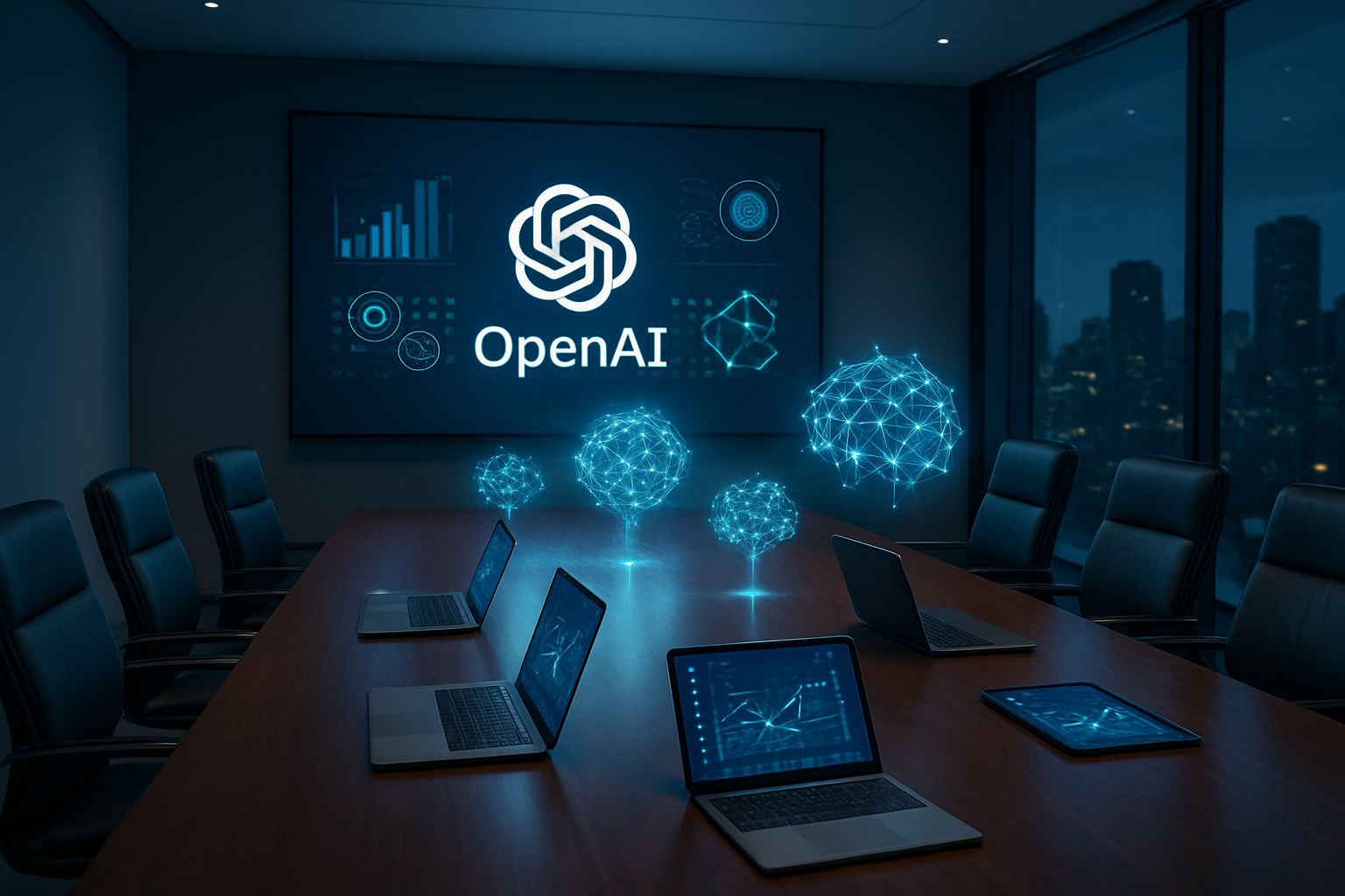 Create a realistic image of a modern, sleek conference room with a large wall-mounted screen displaying OpenAI's logo and various AI-related icons and charts, a polished wooden conference table with laptops and tablets showing data analytics, futuristic holographic projections of neural network diagrams floating above the table, soft ambient lighting with blue and white tones creating a professional tech atmosphere, glass windows in the background showing a city skyline, and the overall scene conveying innovation, progress, and technological advancement in artificial intelligence, absolutely NO text should be in the scene.