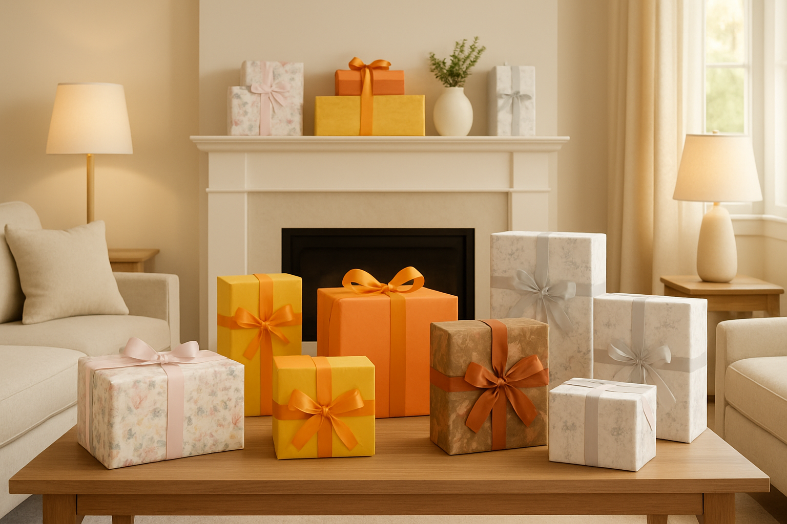 Create a realistic image of an elegant living room displaying multiple wrapped gifts on a coffee table and mantelpiece, each gift coordinated with different seasonal themes - spring pastels with floral patterns, summer bright colors, autumn earth tones with leaf motifs, and winter whites and silvers with snowflake designs, all harmoniously arranged within a neutral-toned contemporary home interior featuring cream walls, natural wood furniture, and soft ambient lighting from table lamps and natural window light, creating a warm and cohesive decorating scene that demonstrates year-round seasonal gift wrapping coordination. Absolutely NO text should be in the scene.