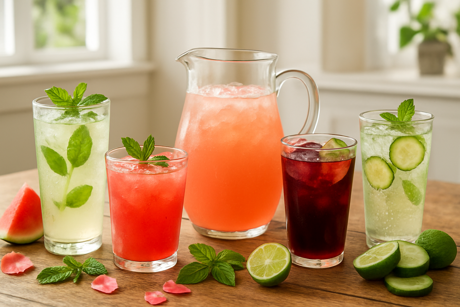 Create a realistic image of five colorful refreshing drinks arranged on a rustic wooden table, featuring a coconut water mint cooler with fresh mint leaves, rose lemonade in a glass pitcher with pink hue, watermelon agua fresca with basil garnish, dark red hibiscus iced tea with lime wedges, and a sparkling cucumber mint drink with bubbles visible, surrounded by fresh ingredients including watermelon slices, mint sprigs, lime halves, cucumber rounds, and rose petals, set against a bright kitchen background with natural sunlight streaming through a window, creating a fresh and inviting atmosphere perfect for Ramadan iftar or summer refreshment, absolutely NO text should be in the scene.