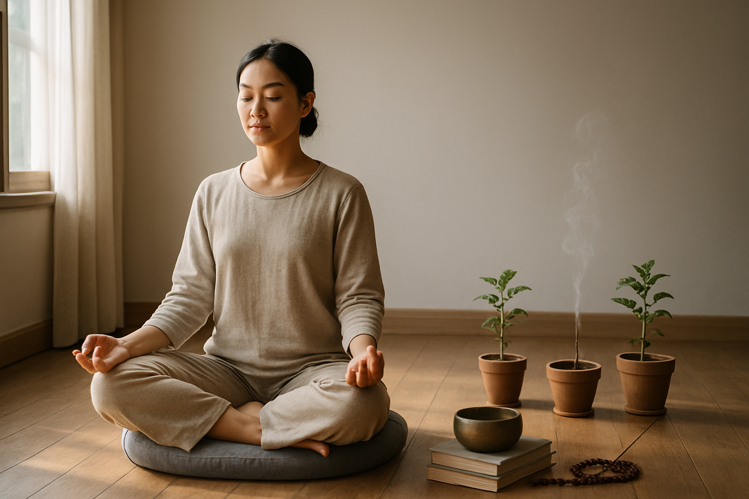 Create a realistic image of a serene meditation scene showing progression and growth, featuring a peaceful Asian female meditator in lotus position on a meditation cushion in a minimalist room with natural lighting from a large window, surrounded by symbolic elements of advancement like small potted plants at different growth stages, a stack of meditation books, a singing bowl, prayer beads, and incense creating gentle smoke wisps, with soft morning sunlight casting gentle shadows across wooden floors, creating a calm and inspiring atmosphere that conveys deepening practice and spiritual development, absolutely NO text should be in the scene.