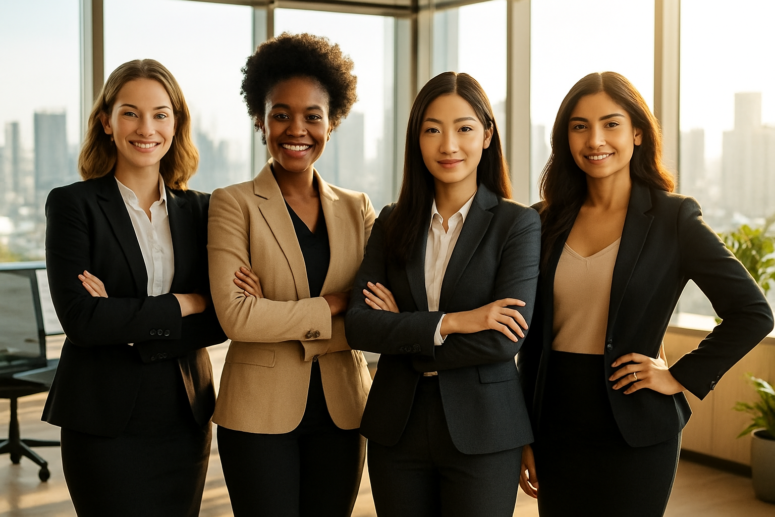 Create a realistic image of a diverse group of young professional women of different races (white, black, Asian, Hispanic) standing confidently together in a modern office environment, wearing business attire, with arms crossed or hands on hips in empowering poses, with a bright city skyline visible through large windows in the background, warm natural lighting streaming in creating an uplifting and successful atmosphere, with modern office furniture and plants subtly visible, conveying achievement, confidence, and professional growth, absolutely NO text should be in the scene.
