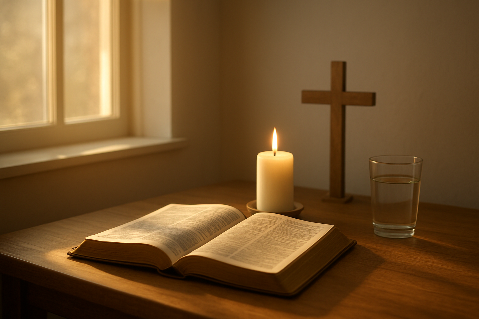Create a realistic image of a peaceful indoor scene showing an open Bible placed on a wooden table next to a lit white candle, with soft golden morning light streaming through a nearby window, creating a warm and serene atmosphere that conveys spiritual dedication and contemplation, surrounded by subtle elements like a simple wooden cross and a glass of water, set against a clean, minimalist background that emphasizes tranquility and spiritual focus, with gentle shadows and warm lighting that suggests the beginning of a new spiritual journey, absolutely NO text should be in the scene.
