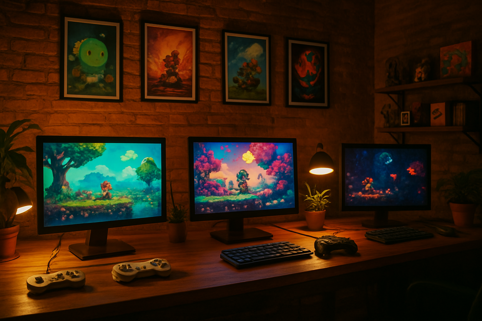 Create a realistic image of a cozy indie game development studio workspace featuring multiple computer screens displaying colorful, artistic pixel art games and unique visual styles, with vintage gaming controllers scattered on wooden desks, indie game posters on brick walls, warm ambient lighting from desk lamps creating a creative atmosphere, potted plants adding life to the scene, and gaming memorabilia from small independent studios visible on shelves, absolutely NO text should be in the scene.