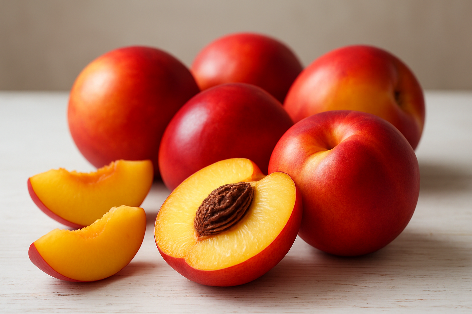 Create a realistic image of fresh nectarines displayed to showcase their unique characteristics, featuring whole nectarines with smooth, glossy skin in vibrant red-orange and yellow colors alongside a few cut nectarines revealing their juicy golden-yellow flesh and dark pit, arranged on a clean white wooden surface with soft natural lighting from the side that highlights the fruit's smooth texture and vibrant colors, with a simple blurred background in neutral tones, shot from a slightly elevated angle to show both the exterior beauty and interior structure of the nectarines, absolutely NO text should be in the scene.
