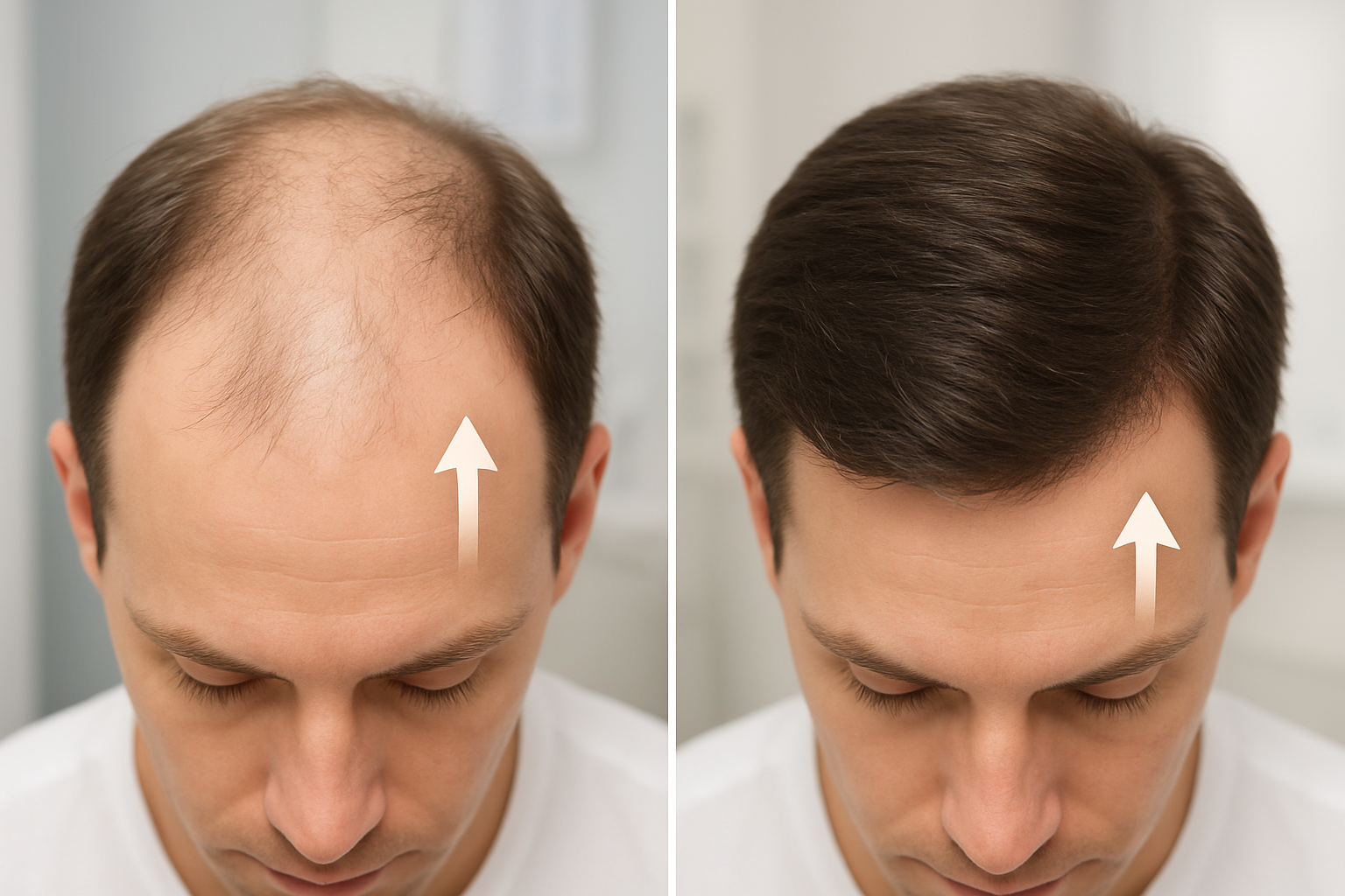 Create a realistic image of a split-screen comparison showing before and after results of PRP hair treatment, featuring close-up views of a scalp with thinning hair on the left side and the same area with visibly thicker, healthier hair growth on the right side, set against a clean medical clinic background with soft, professional lighting that highlights the hair density differences, include subtle visual indicators like arrows or gentle highlighting to emphasize the improvement areas, maintain a clinical and trustworthy atmosphere with neutral colors and professional medical aesthetics, absolutely NO text should be in the scene.
