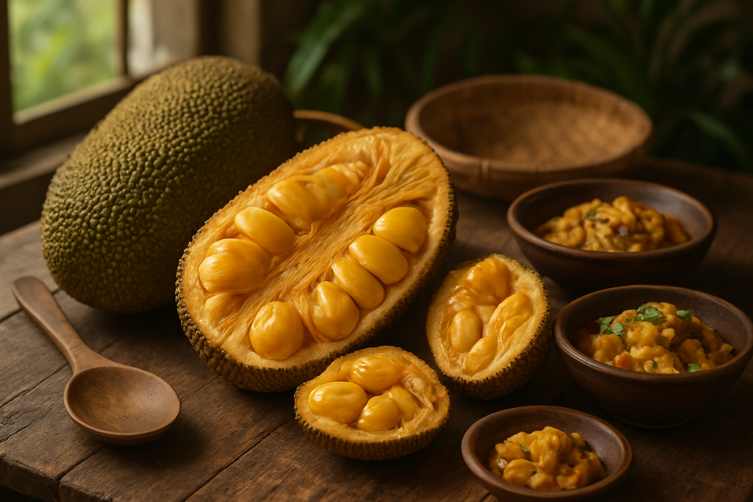 Create a realistic image of a beautifully arranged display of whole and cut cempedak fruits on a rustic wooden table, showing the spiky green-brown exterior and bright yellow-orange flesh with visible seeds inside, surrounded by traditional Southeast Asian kitchen utensils like wooden spoons and bamboo baskets, with soft natural lighting from a window creating warm shadows, featuring some prepared cempedak dishes in clay bowls nearby, set against a blurred background of tropical foliage, conveying a sense of abundance and culinary completion, absolutely NO text should be in the scene.