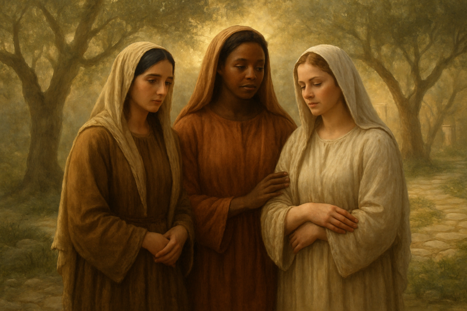 Create a realistic image of a serene biblical scene featuring three diverse women of different ethnicities - one Middle Eastern female, one black female, and one white female - dressed in flowing ancient robes in earth tones, standing together in a peaceful garden setting with olive trees and stone pathways, soft golden sunlight filtering through the branches creating a warm and reverent atmosphere, the women appearing contemplative and nurturing with gentle expressions, ancient stone architecture visible in the background suggesting a biblical time period, the overall mood conveying wisdom, faith, and maternal strength. Absolutely NO text should be in the scene.