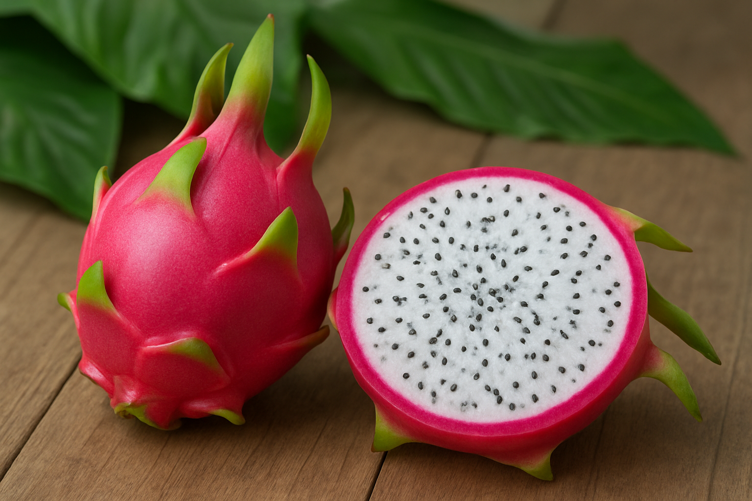 Create a realistic image of a whole dragon fruit and a halved dragon fruit displaying its white flesh with black seeds, placed on a natural wooden surface with some tropical green leaves in the background, soft natural lighting creating gentle shadows, clean and fresh appearance that highlights the exotic fruit's unique pink exterior and speckled interior, Absolutely NO text should be in the scene.