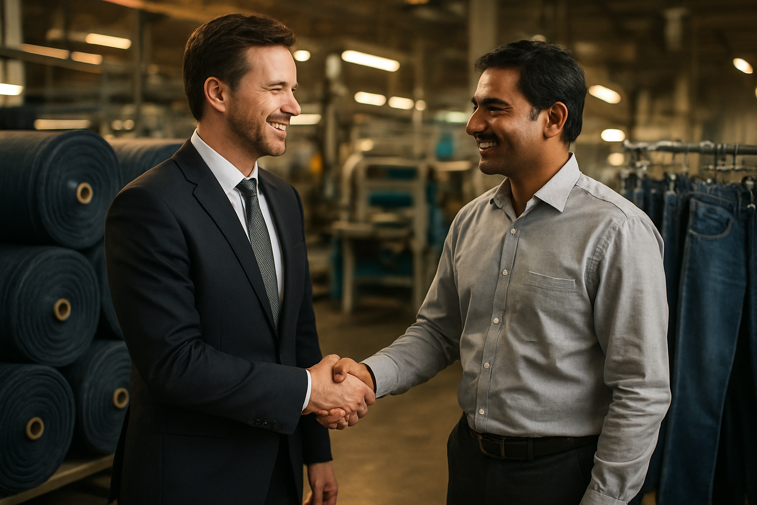 Create a realistic image of a successful business handshake between a white male importer in a modern business suit and an Indian male manufacturer in professional attire, taking place in a contemporary textile factory setting with denim fabric rolls and finished jeans visible in the background, warm professional lighting creating an atmosphere of partnership and success, with modern manufacturing equipment subtly visible, conveying the successful conclusion of a private label denim business relationship, absolutely NO text should be in the scene.
