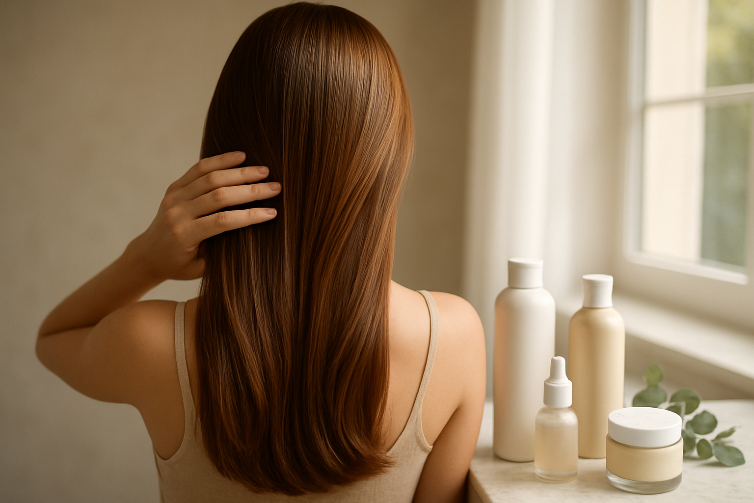 Create a realistic image of a white female with healthy, shiny, strong-looking hair viewed from behind as she gently runs her fingers through her lustrous hair strands, surrounded by natural hair care products including bottles of shampoo, conditioner, and hair treatments arranged on a clean white marble bathroom countertop, with soft natural lighting streaming through a window creating a warm and serene atmosphere that conveys hair health and wellness, absolutely NO text should be in the scene.