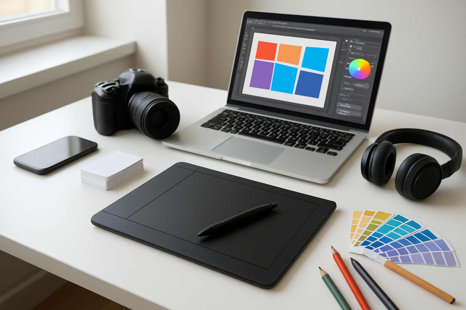 Create a realistic image of a modern workspace desk featuring various creative tools and equipment including a digital drawing tablet with stylus, professional camera, laptop computer displaying colorful design software interface, stack of business cards, smartphone, wireless headphones, color palette swatches, and scattered art supplies like markers and pencils, all arranged on a clean white desk surface with soft natural lighting from a window, creating an inspiring and productive atmosphere for freelance creative work, absolutely NO text should be in the scene.