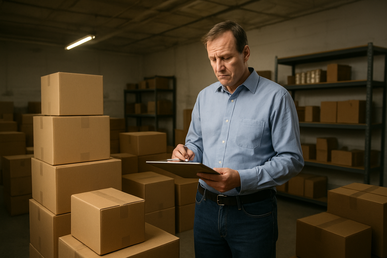 Create a realistic image of a small warehouse or office space with stacks of cardboard boxes of varying heights, some appearing insufficient in quantity, a concerned-looking middle-aged white male business owner in casual business attire standing among the boxes while checking documents on a clipboard, industrial shelving partially filled with products in the background, fluorescent lighting casting shadows that emphasize the sparse inventory, conveying a mood of uncertainty and challenge in meeting minimum order requirements, absolutely NO text should be in the scene.
