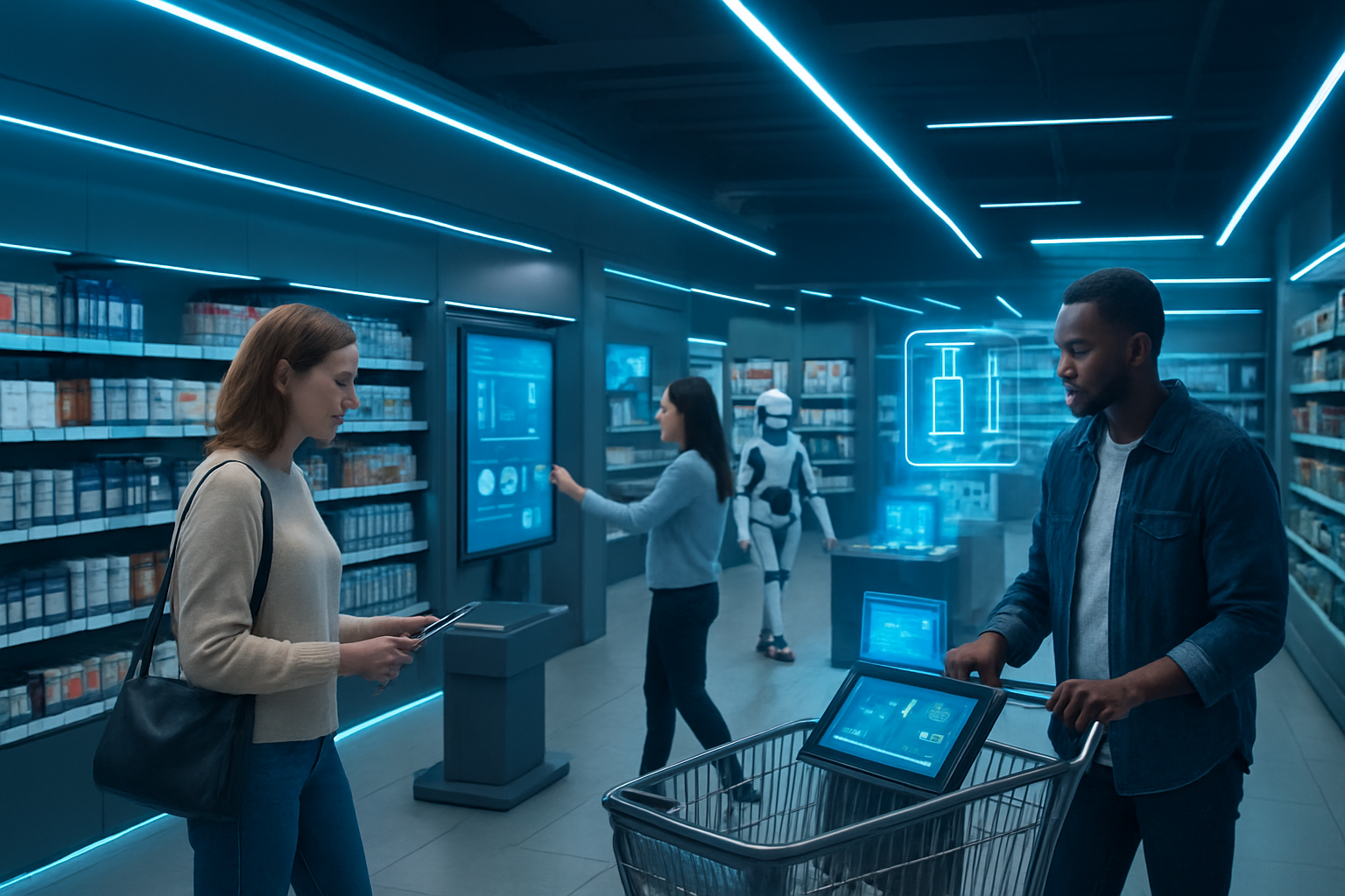Create a realistic image of a modern retail store interior showcasing AI transformation with digital price tags displaying dynamic pricing, interactive screens showing personalized product recommendations, automated robots managing inventory in the background, diverse customers including a white female and black male shopping while interacting with AI-powered devices, sleek modern lighting with blue and white tech-inspired ambient glow, futuristic shopping carts with built-in screens, holographic product displays, and seamless integration of digital and physical retail elements creating an innovative shopping experience atmosphere. Absolutely NO text should be in the scene.