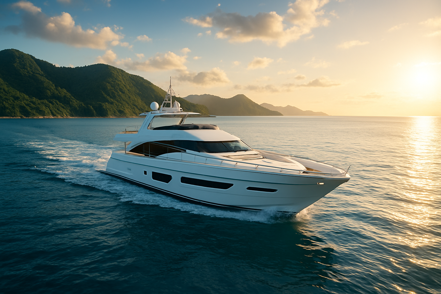 realistic image of a luxury yacht sailing through calm, crystal-clear waters with a stunning Asian coastal landscape in the background, featuring lush green hills, a dramatic skyline, and a vast ocean stretching toward the horizon, bathed in warm golden sunlight, conveying a sense of expansion, ambition, and high-end maritime adventure across the Asia Pacific region, with the yacht appearing sleek and modern, cutting through gentle waves under a bright, clear sky with soft, cinematic lighting that evokes growth and prestige. Absolutely NO text should be in the scene.