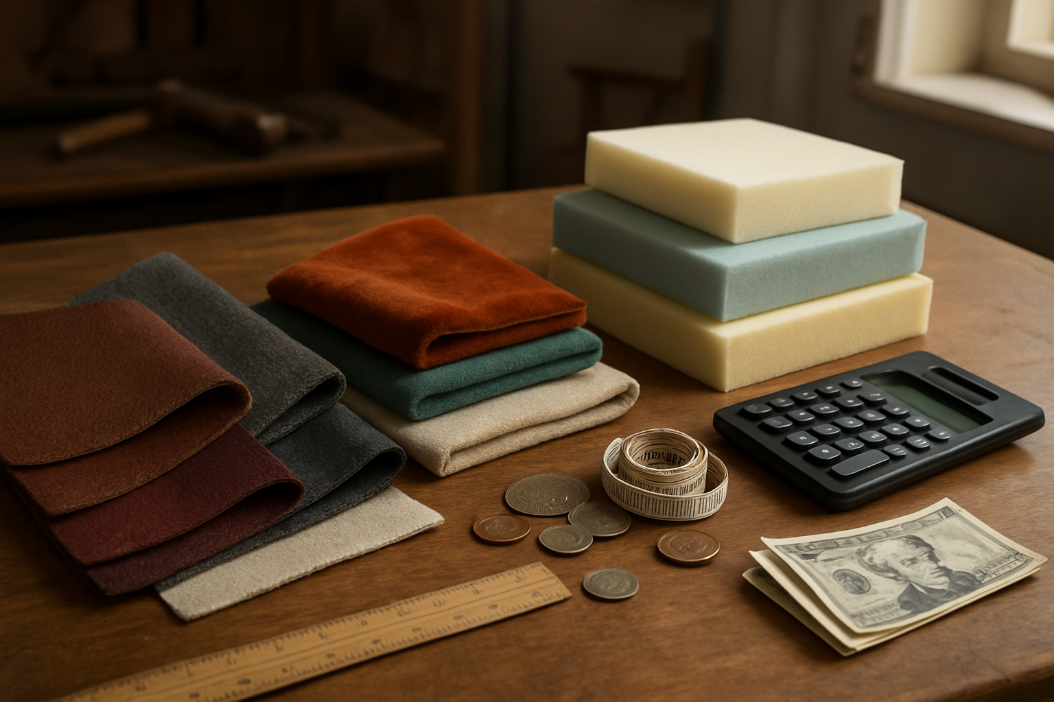 Create a realistic image of various upholstery fabric samples and materials spread across a wooden table, including leather swatches in different colors, velvet and cotton fabric pieces, foam padding samples of different thicknesses, measuring tools like a ruler and fabric measuring tape, a calculator, and scattered coins and paper money to represent pricing factors, with soft natural lighting from a window creating gentle shadows, in a professional upholsterer's workshop setting with some furniture tools visible in the blurred background, absolutely NO text should be in the scene.