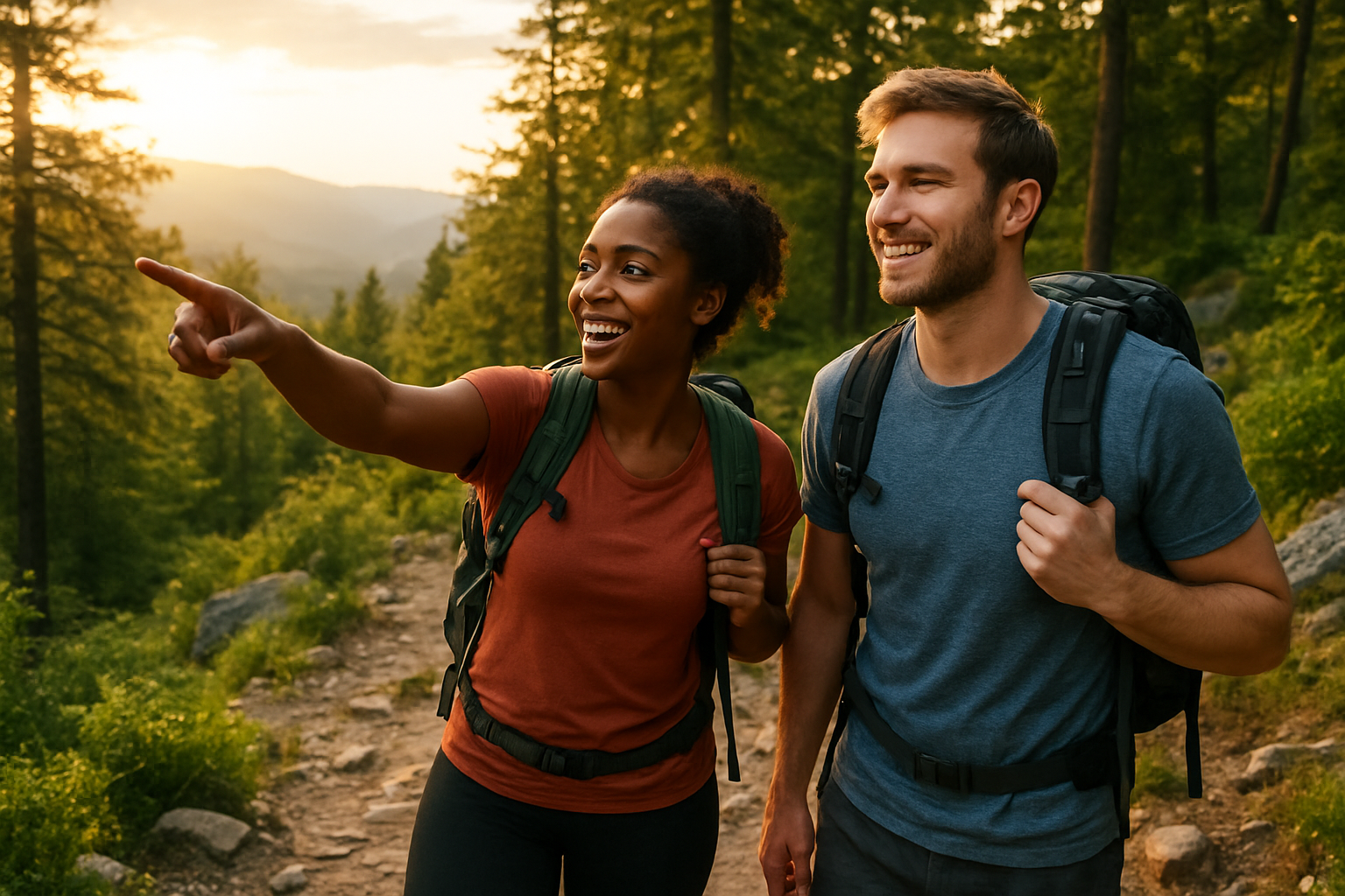 Create a realistic image of a white male and black female couple hiking together on a scenic mountain trail, both wearing athletic gear and backpacks, the woman pointing excitedly toward a beautiful vista while the man looks in the same direction with a smile, surrounded by lush green trees and rocky terrain, with warm golden hour sunlight filtering through the forest canopy creating a romantic and adventurous atmosphere, absolutely NO text should be in the scene.