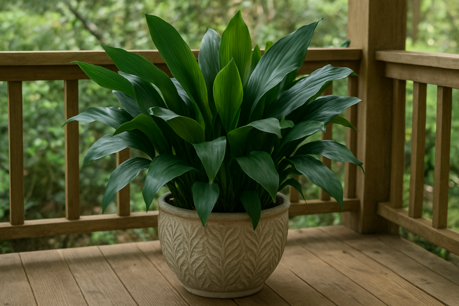 Create a realistic image of a lush Cast Iron Plant (Aspidistra elatior) in a decorative ceramic pot on a covered porch, showing its characteristic dark green, broad, leathery leaves growing densely from the base, positioned in a shaded corner with dappled natural light filtering through, surrounded by wooden porch railings and flooring, with a peaceful, low-maintenance garden atmosphere that emphasizes the plant's hardy, thriving appearance in minimal care conditions, absolutely NO text should be in the scene.