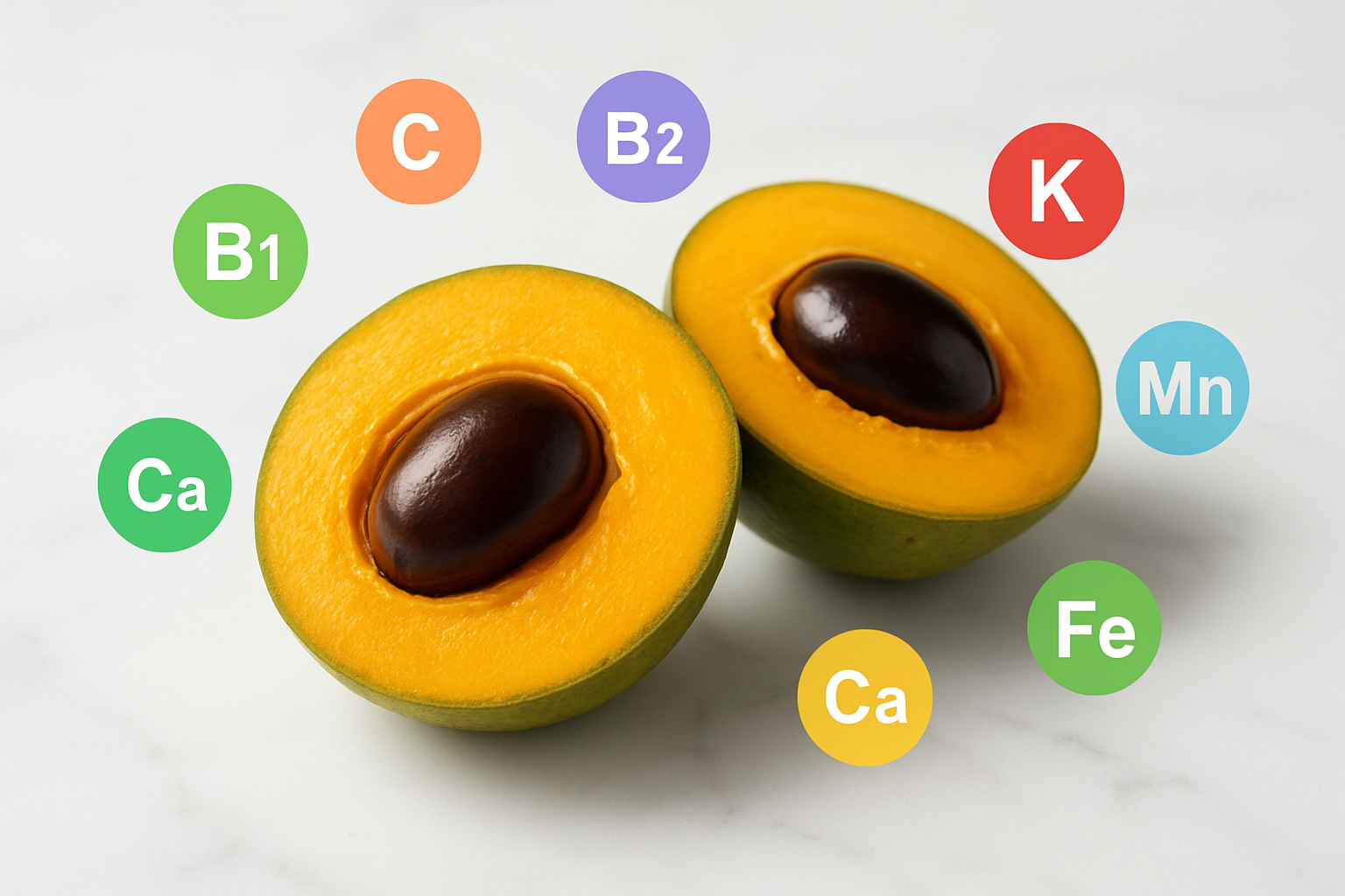 Create a realistic image of fresh lucuma fruits cut in half displaying their bright orange flesh alongside a nutritional breakdown visualization with colorful icons representing vitamins, minerals, and nutrients floating around the fruit, set on a clean white marble surface with soft natural lighting from above, emphasizing the vibrant golden-orange color of the lucuma's interior and creating a fresh, healthy atmosphere that highlights the fruit's nutritional value, absolutely NO text should be in the scene.