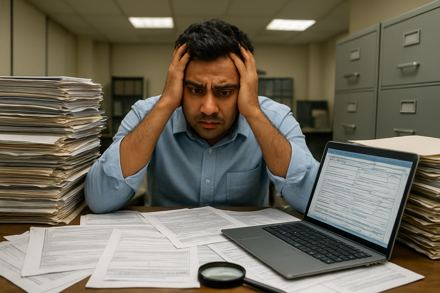 Create a realistic image of a South Asian male in his 30s sitting at a desk looking frustrated while surrounded by multiple stacks of paperwork and documents, with a laptop computer open showing complex digital forms, official government documents scattered around, a magnifying glass placed on some papers, filing cabinets in the background, fluorescent office lighting creating a bureaucratic atmosphere, the man holding his head in his hands showing stress and confusion about complicated procedures, absolutely NO text should be in the scene.