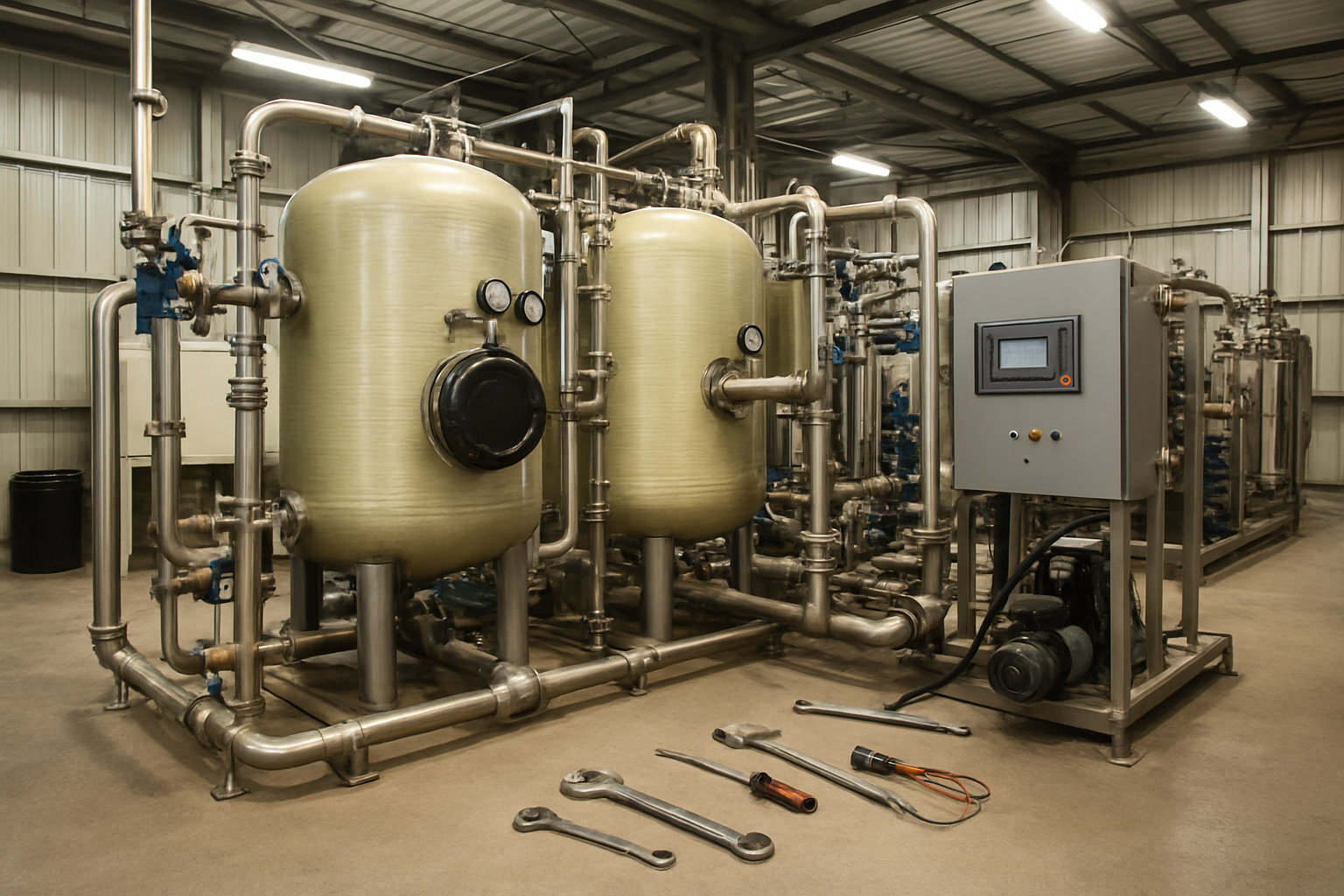 Create a realistic image of industrial water purification equipment undergoing maintenance in a rig camp facility, featuring large filtration tanks, pipes, gauges, and monitoring equipment with visible maintenance tools like wrenches and inspection instruments scattered nearby, set in a well-lit industrial building with concrete floors and metal framework, capturing a professional maintenance environment with clean, organized surroundings that emphasize operational efficiency and technical precision. Absolutely NO text should be in the scene.