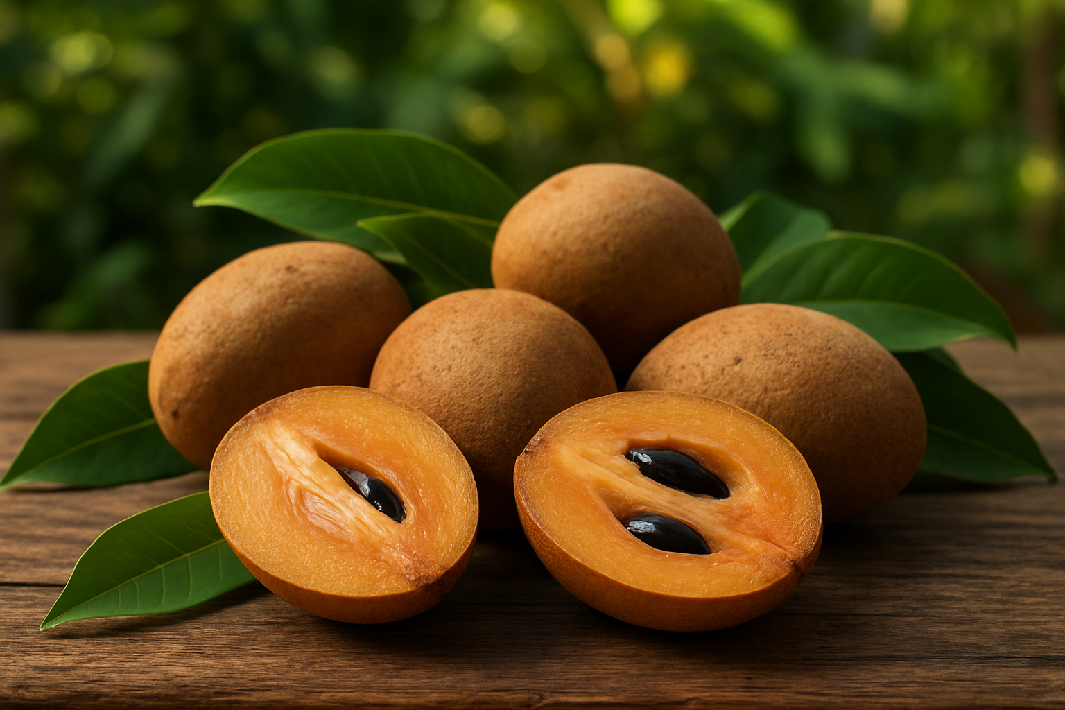 Create a realistic image of fresh sapodilla fruits displayed on a rustic wooden table, showing both whole fruits with their rough brown skin and cut-open sapodilla revealing the sweet golden-brown flesh and glossy black seeds inside, surrounded by tropical green leaves, with soft natural lighting creating warm shadows, set against a blurred tropical garden background with lush foliage, emphasizing the exotic nature of this tropical fruit discovery, absolutely NO text should be in the scene.