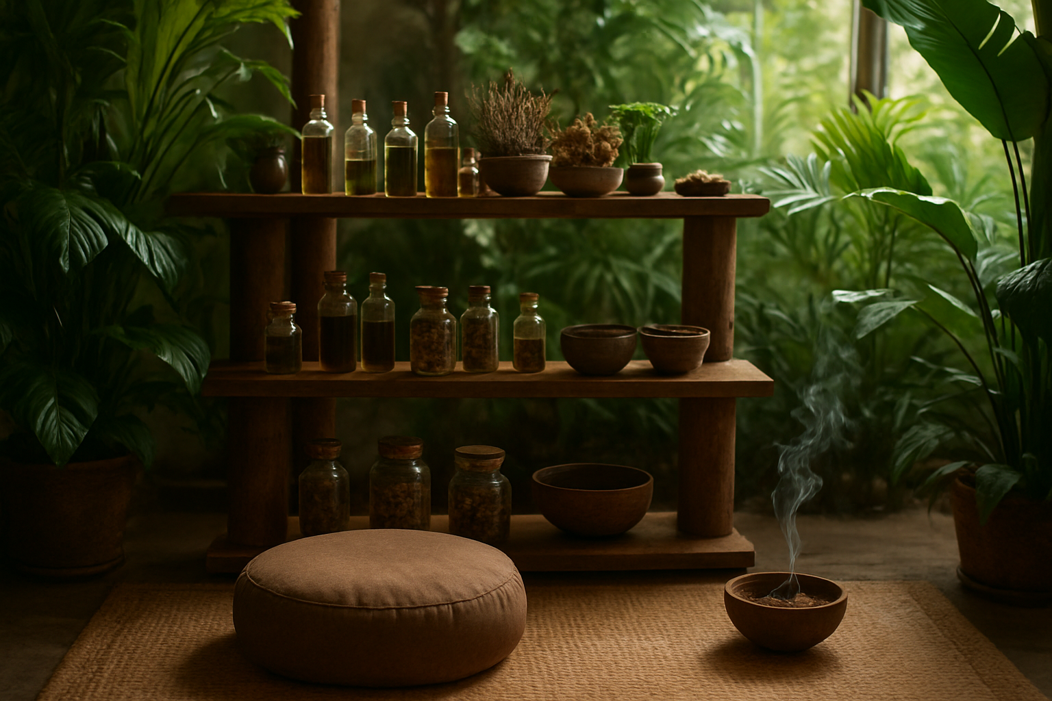 Create a realistic image of a serene healing sanctuary with natural wooden shelves displaying small glass vials containing plant extracts, dried medicinal herbs, and traditional ceremonial bowls, surrounded by lush green tropical plants, soft natural lighting filtering through windows, creating a peaceful therapeutic atmosphere with warm earth tones, featuring a meditation cushion on a woven mat in the foreground, with burning sage or incense creating gentle smoke wisps, emphasizing holistic wellness and natural medicine practices, absolutely NO text should be in the scene.