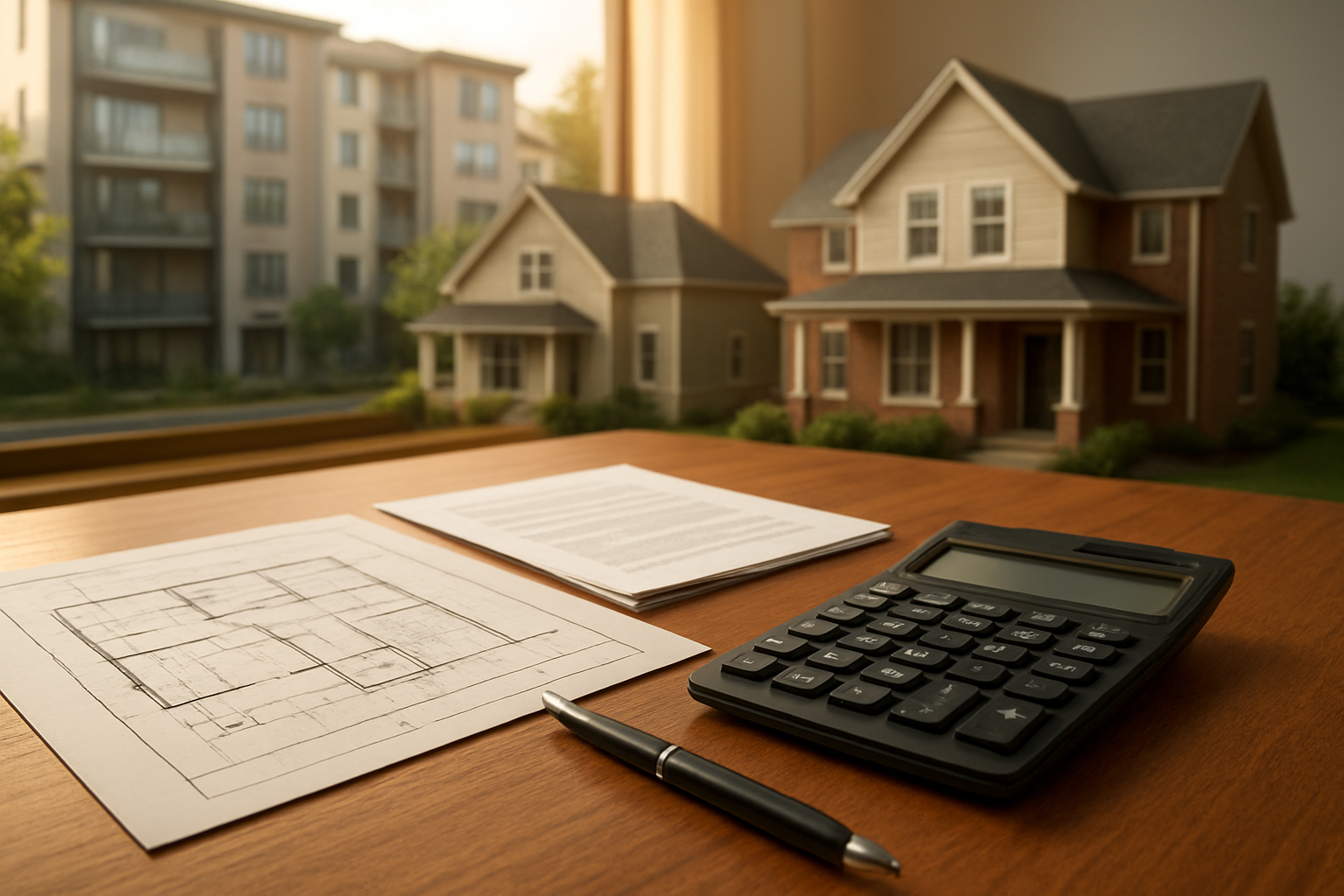 Create a realistic image of a modern real estate investment scene featuring residential properties including apartment buildings and single-family houses in the background, with architectural blueprints, property documents, and a calculator spread on a wooden desk in the foreground, warm natural lighting streaming through a window, professional business atmosphere suggesting passive income planning and property investment strategies, Absolutely NO text should be in the scene.