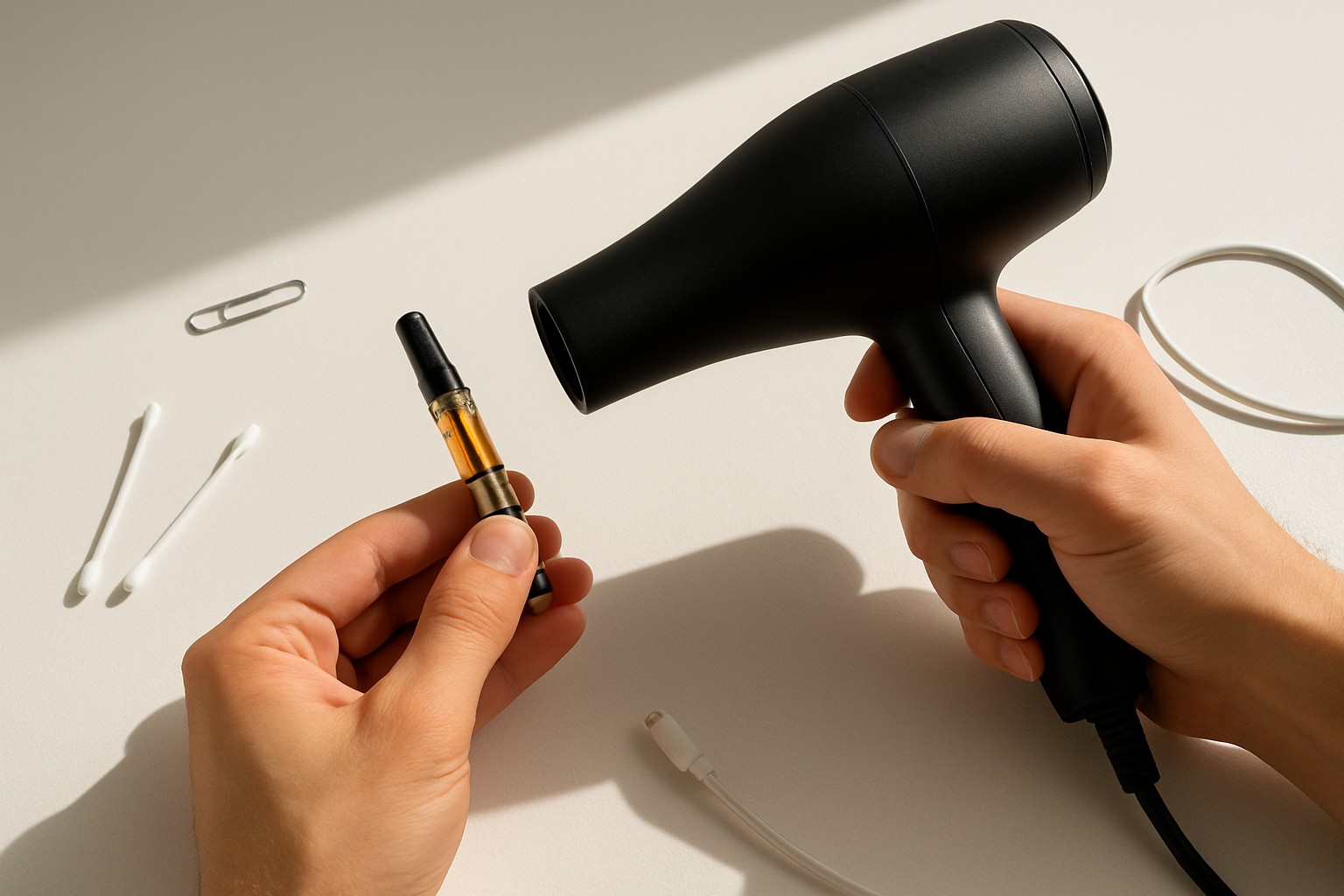 Create a realistic image of hands holding a vape cartridge while using a hair dryer to gently warm it, with a clean white desk surface showing various troubleshooting tools including a small paperclip, cotton swabs, and a charging cable nearby, bright natural lighting from above creating a problem-solving workspace atmosphere, shot from a slightly elevated angle to show the repair process in action, absolutely NO text should be in the scene.