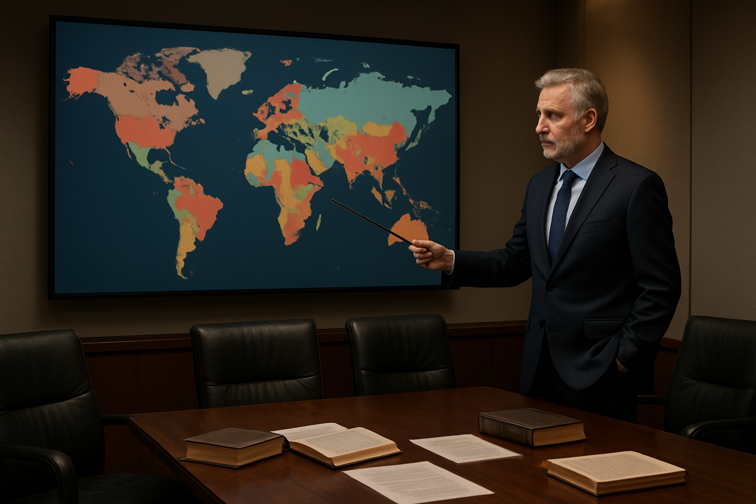 Create a realistic image of a sophisticated world map displayed on a large wall-mounted screen showing different countries highlighted in various colors representing different legal classifications, with a modern conference room setting featuring a polished wooden table, leather chairs, and professional lighting, while a middle-aged white male legal expert in a business suit stands beside the map pointing to different regions with a laser pointer, surrounded by legal documents and international law books scattered on the table, with soft ambient lighting creating a serious academic atmosphere. Absolutely NO text should be in the scene.